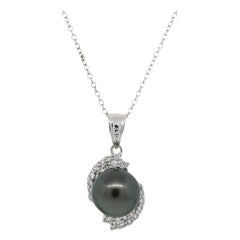 Black Pearl and Diamond Pendant Chain Necklace