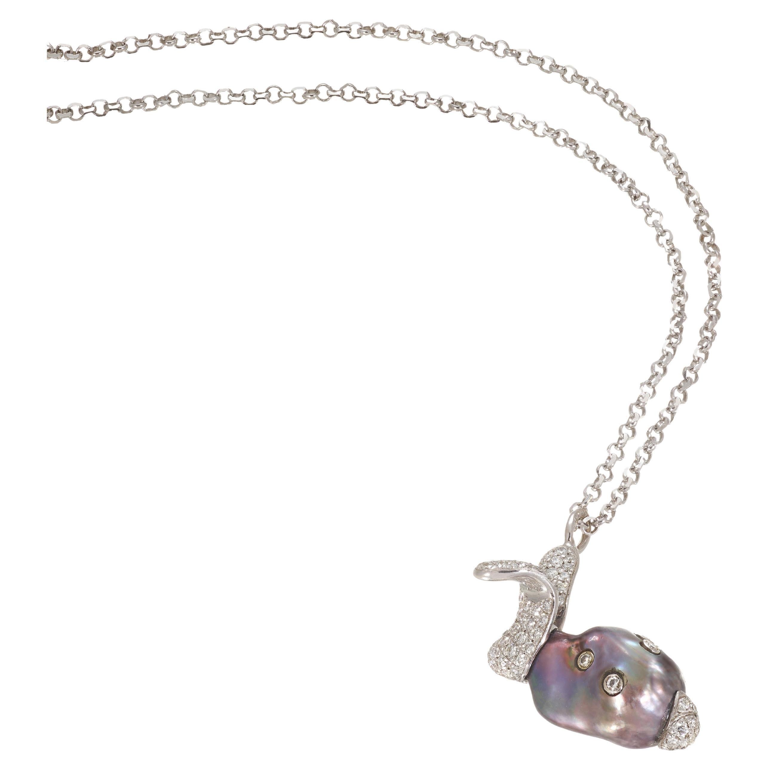 Black Pearl and Diamond "Rabbit" Pendant Necklace made in White Gold For Sale
