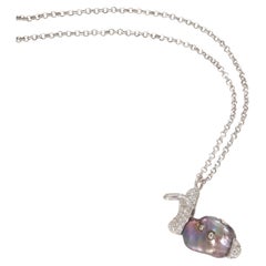 Black Pearl and Diamond "Rabbit" Pendant Necklace made in White Gold