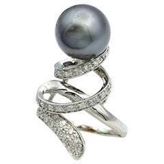 Black Pearl and Diamond Spiral Design Cocktail Ring Set in 18 Karat White Gold