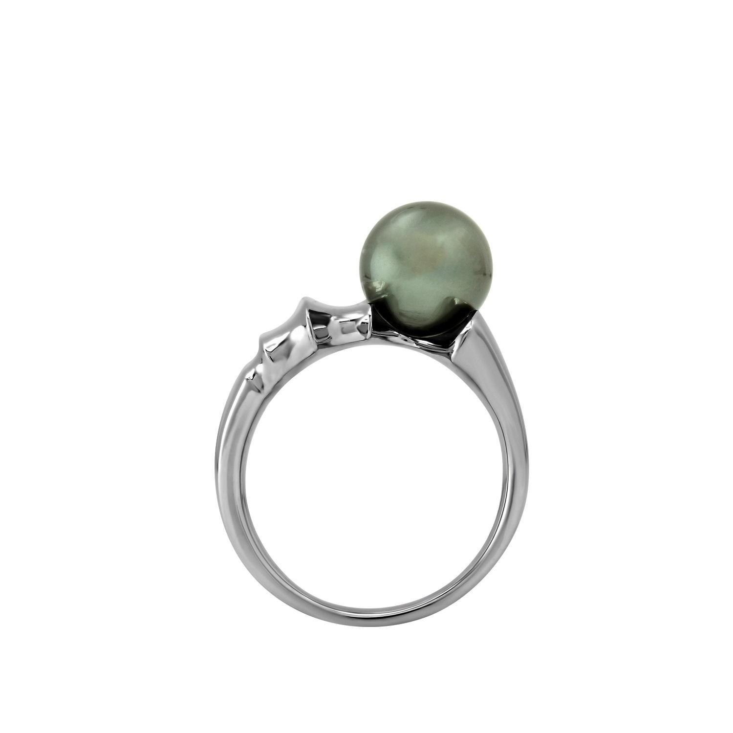 Round Cut FARBOD Black Pearl and Platinum Cocktail Ring 