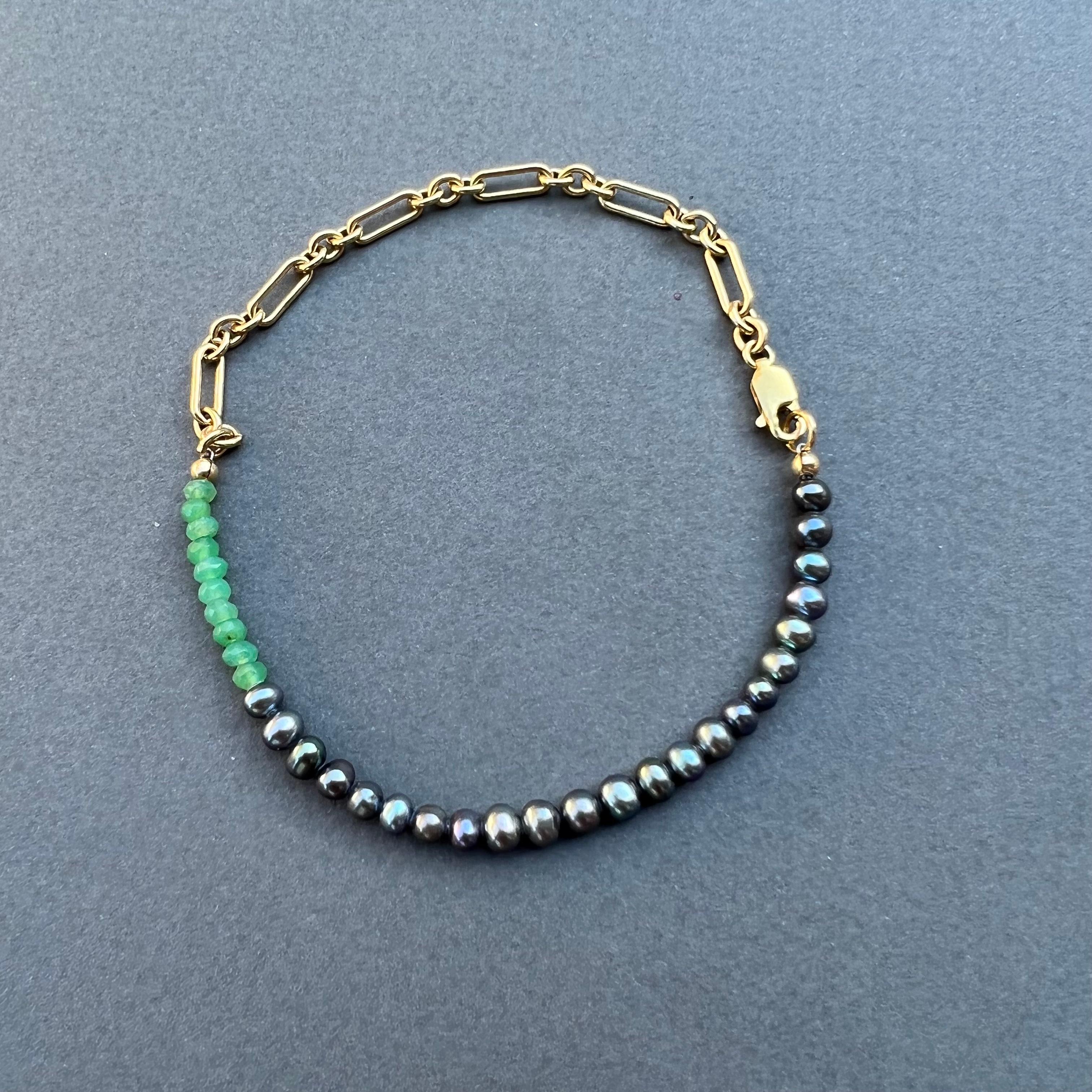 Black Pearl Ankle Bracelet Chain Green Chrysoprase 
Designer :J Dauphin
Gold-filled Chain

