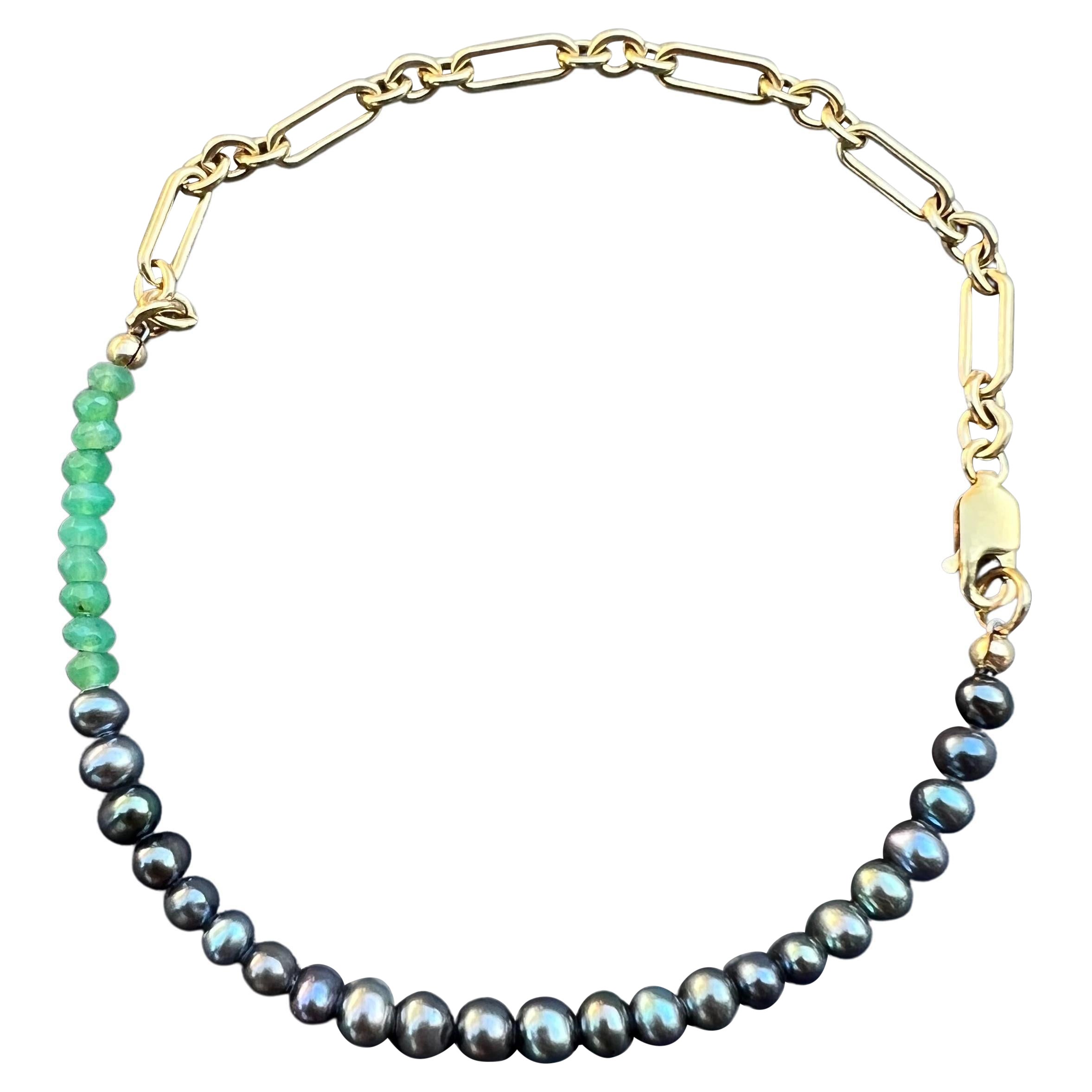 Bracelet de cheville en perles noires et chaîne en chrysoprase J Dauphin