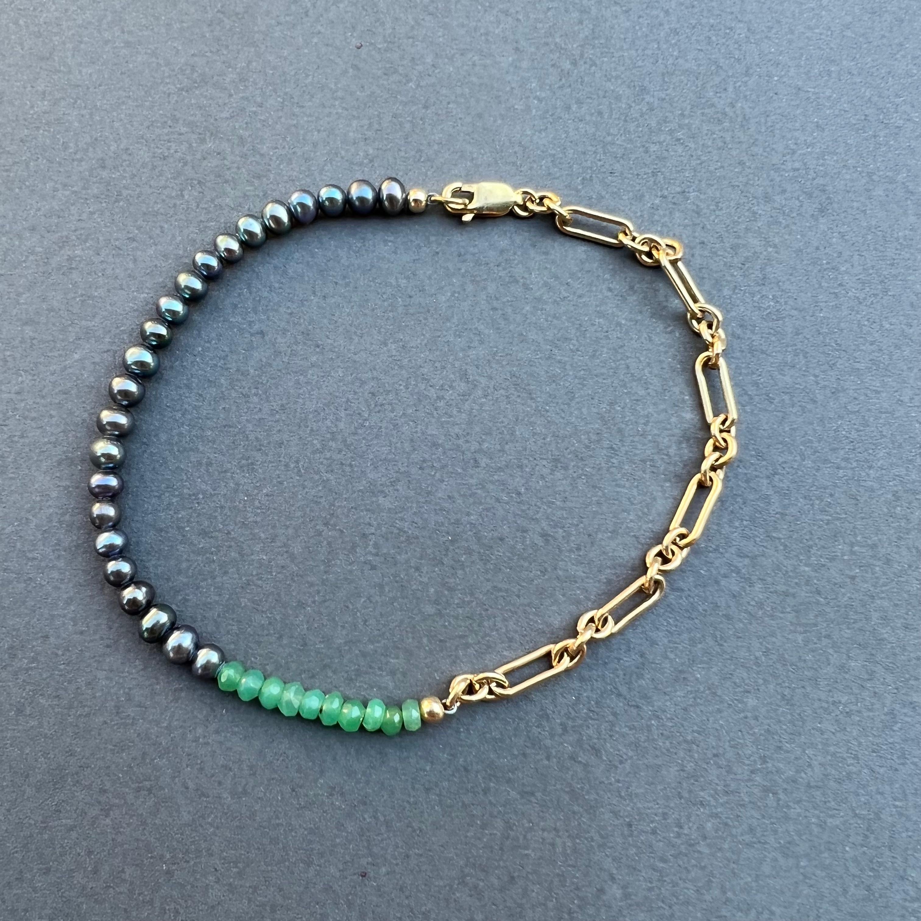 Round Cut Black Pearl Ankle Bracelet Gold Filled Chain Chrysoprase J Dauphin For Sale