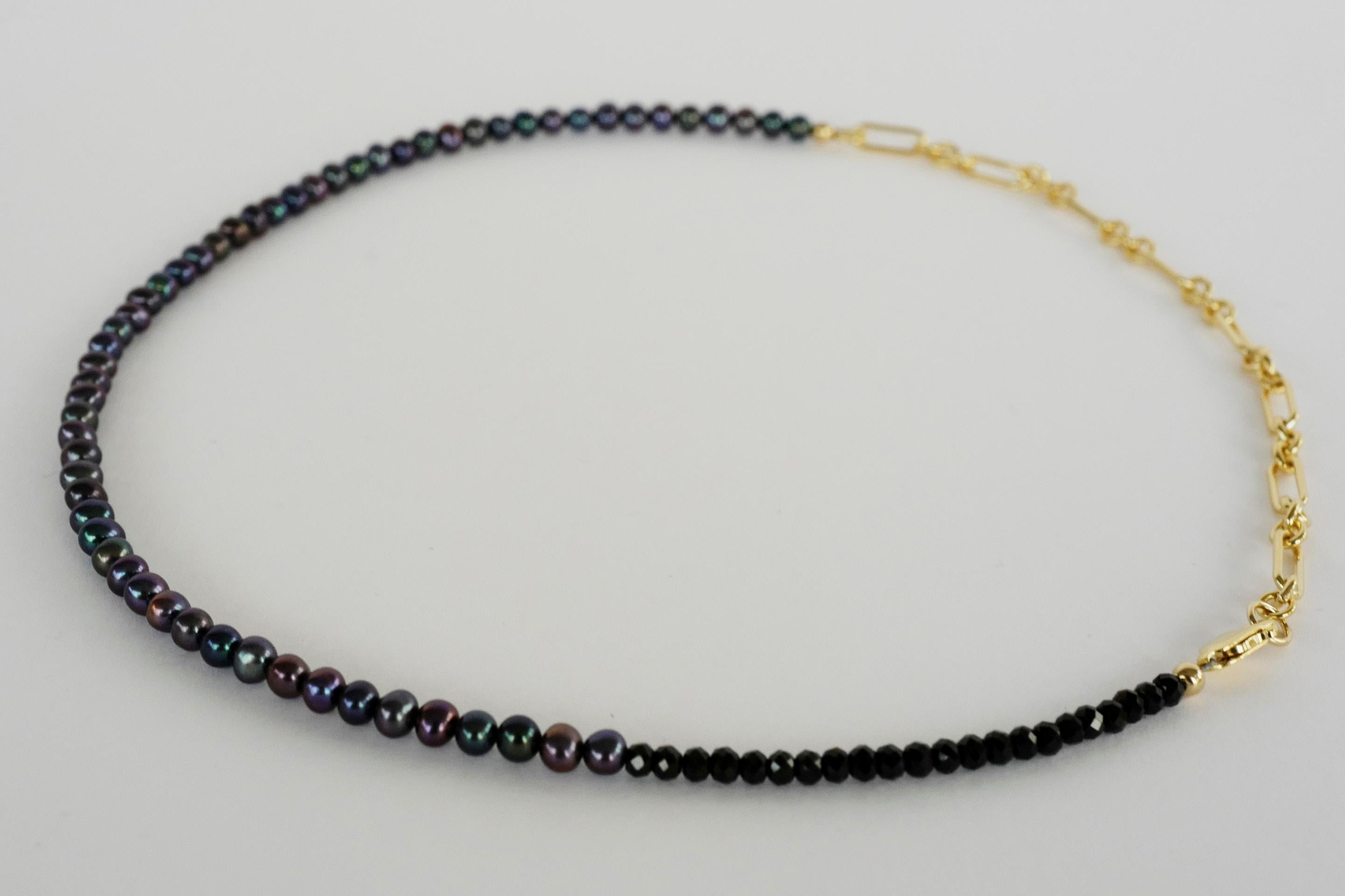 Round Cut Black Pearl Beaded Choker Necklace Black Spinel Gold Filled Chain J Dauphin For Sale