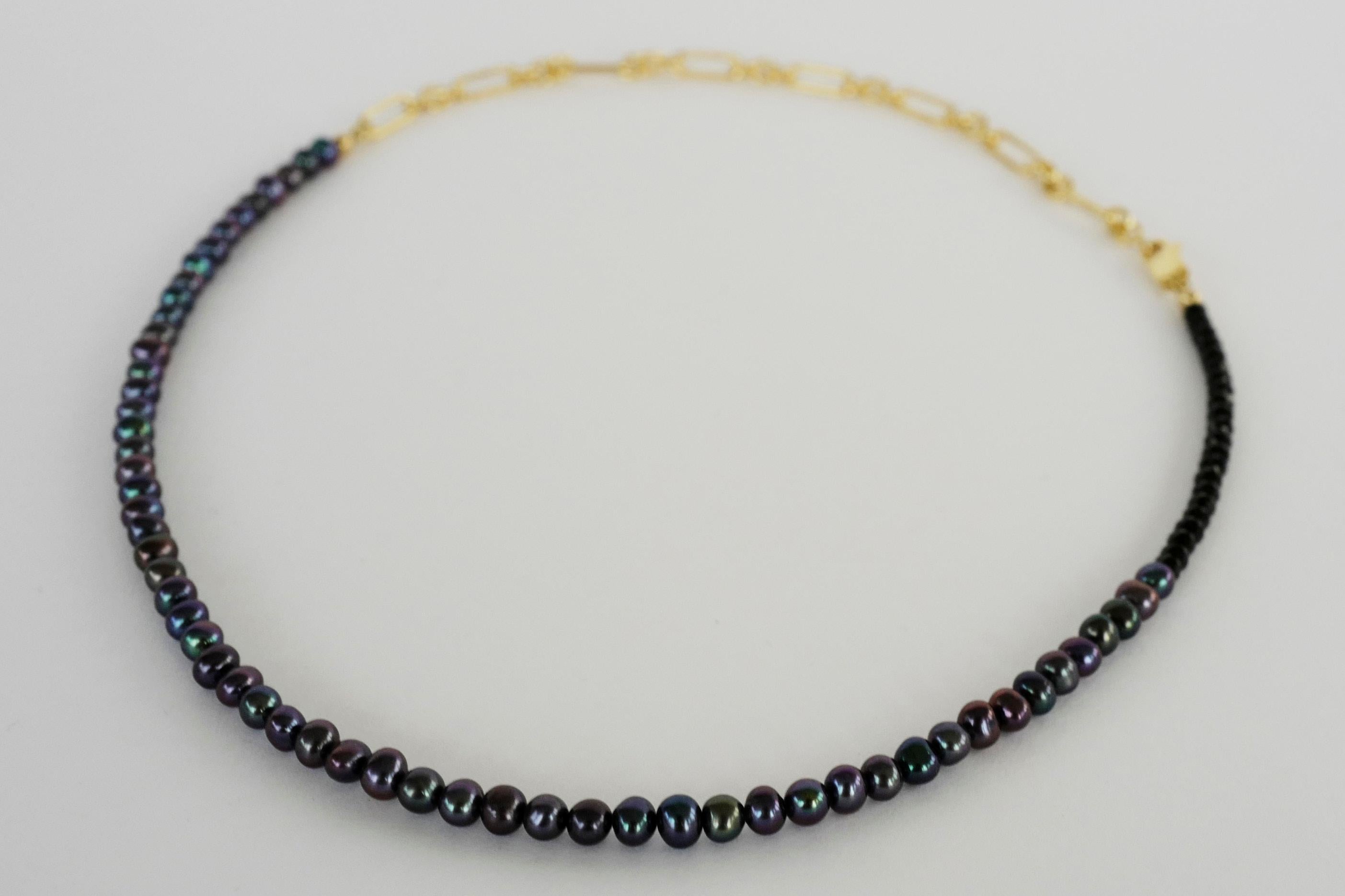 Romantic Black Pearl Beaded Choker Necklace Black Spinel Gold Filled Chain J Dauphin For Sale