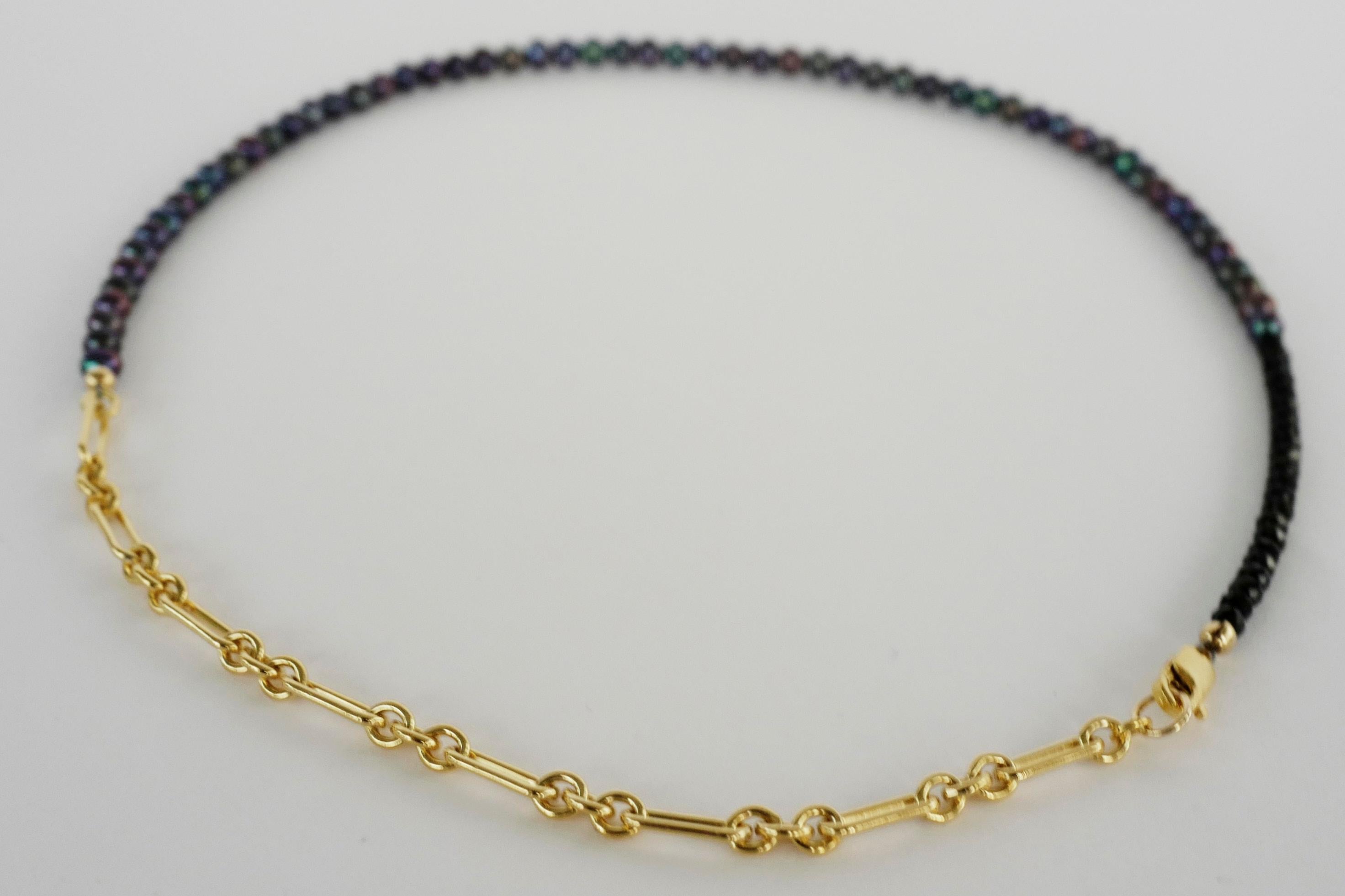 Round Cut Black Pearl Beaded Choker Necklace Black Spinel Gold Filled Chain J Dauphin For Sale