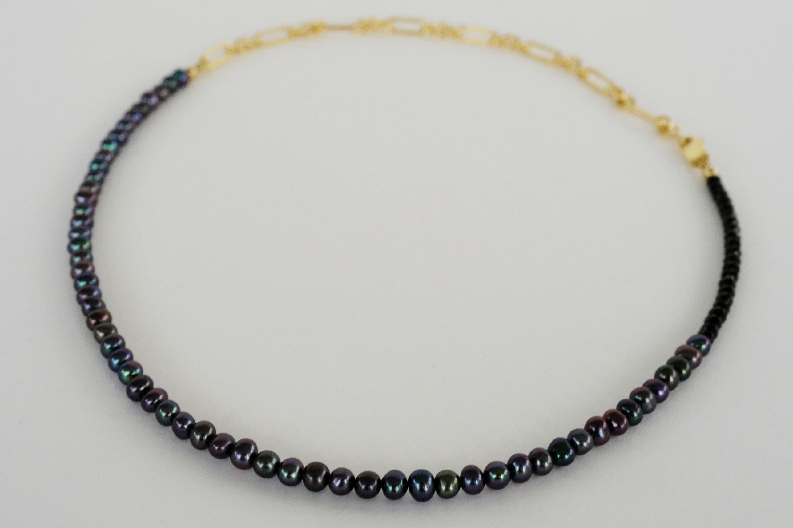 Romantic Black Pearl Beaded Choker Necklace Black Spinel Gold Filled Chain J Dauphin