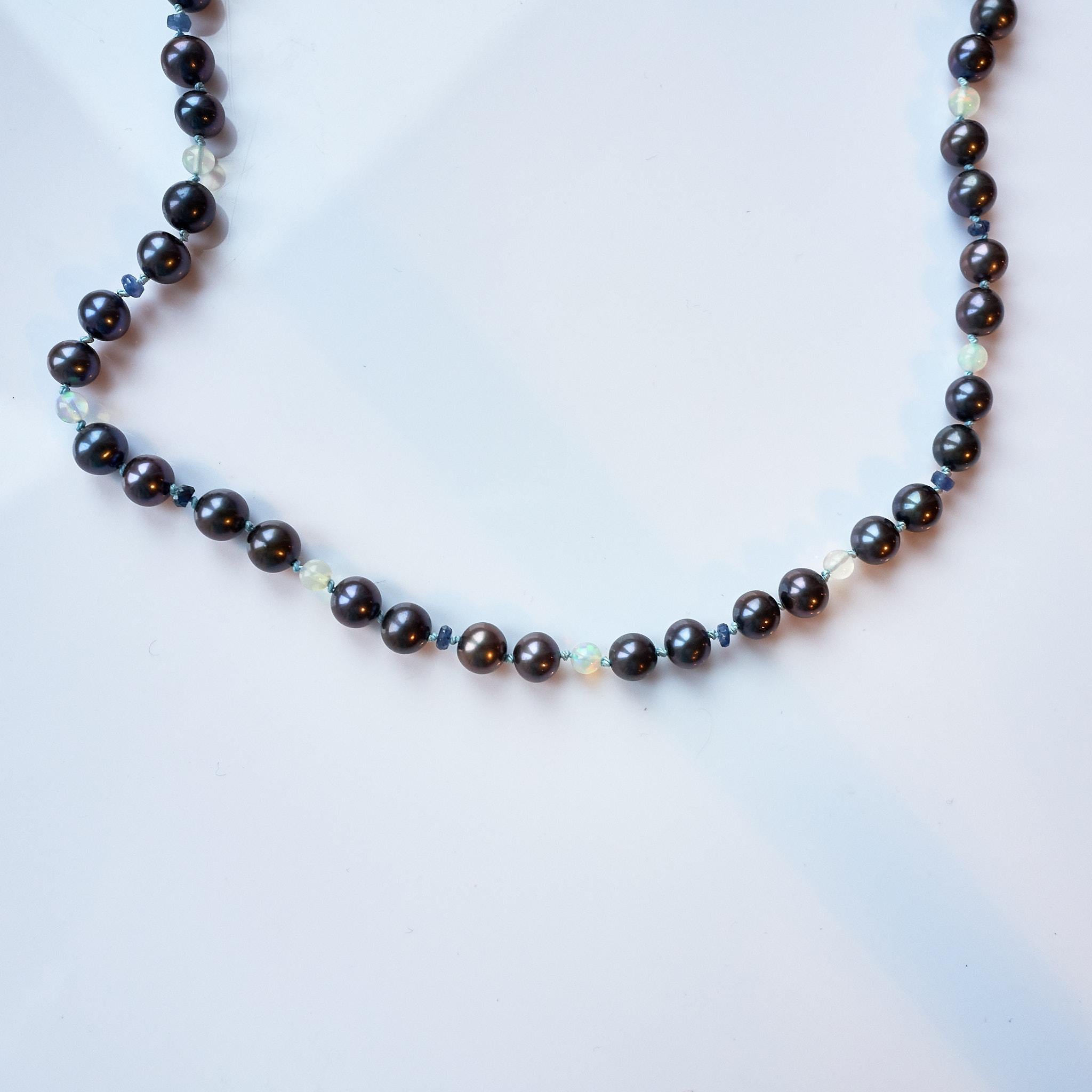 Black Pearl Blue Sapphire Opal Beaded Necklace Lilac Silk Thread 16
