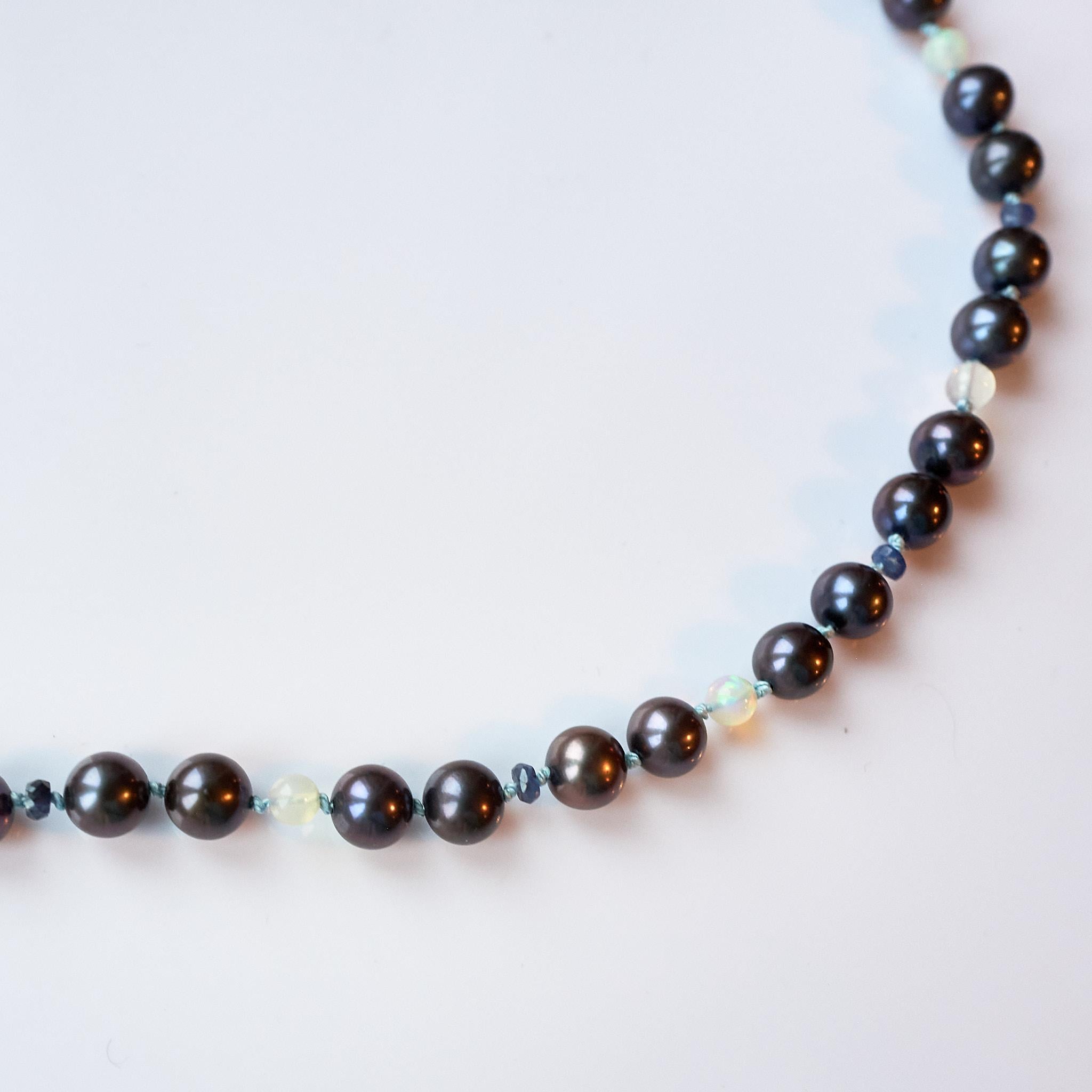 Victorian Black Pearl Blue Sapphire Opal Beaded Necklace Lilac Silk Thread Sillver For Sale
