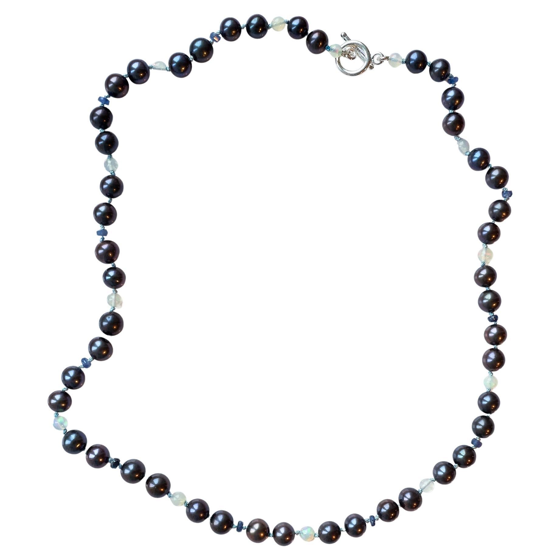 Black Pearl Blue Sapphire Opal Beaded Necklace Lilac Silk Thread Sillver