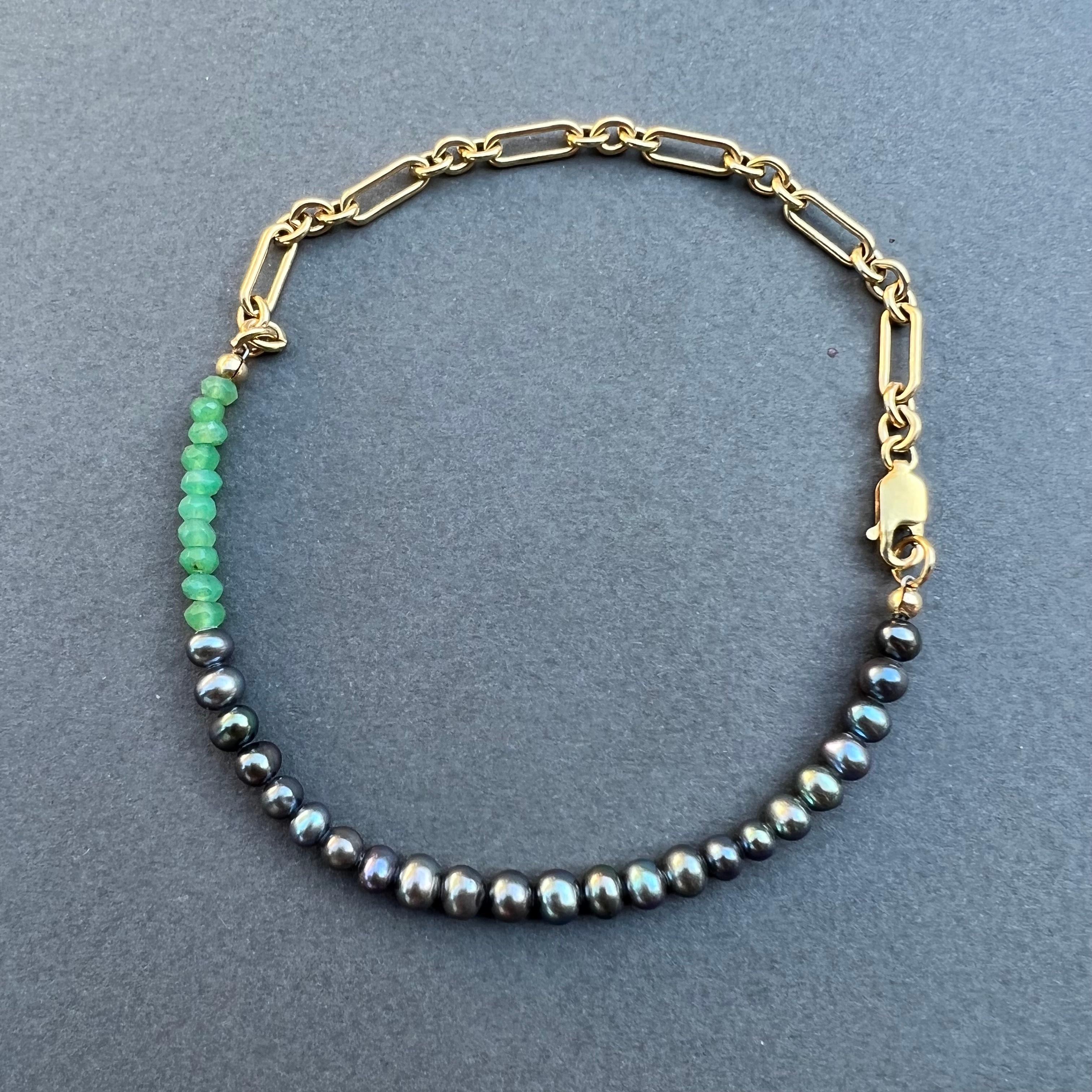 Women's Black Pearl Bracelet Chrysoprase Gold Filled Chain Bead J Dauphin For Sale