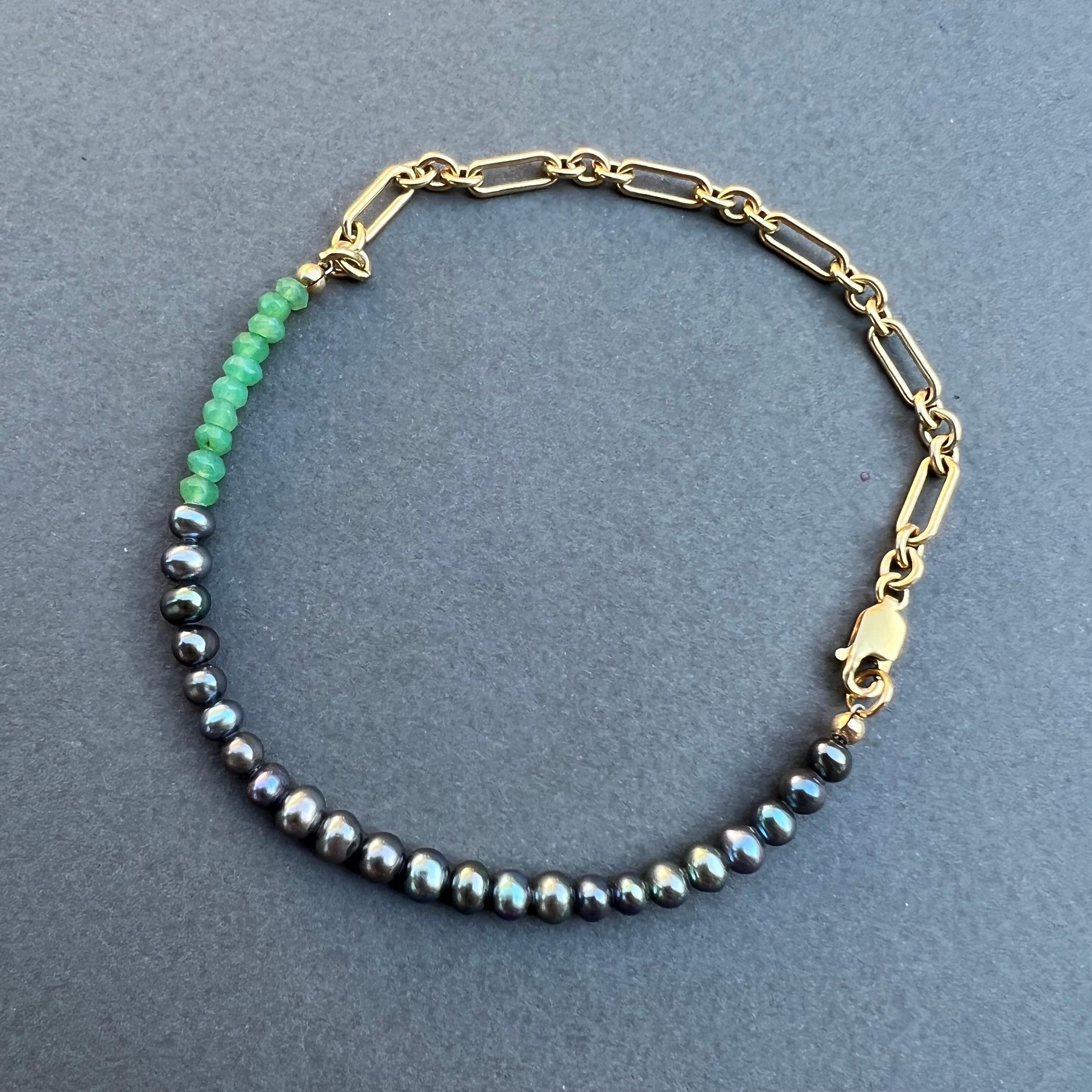 Round Cut Black Pearl Bracelet Chrysoprase Gold Filled Chain Bead J Dauphin For Sale