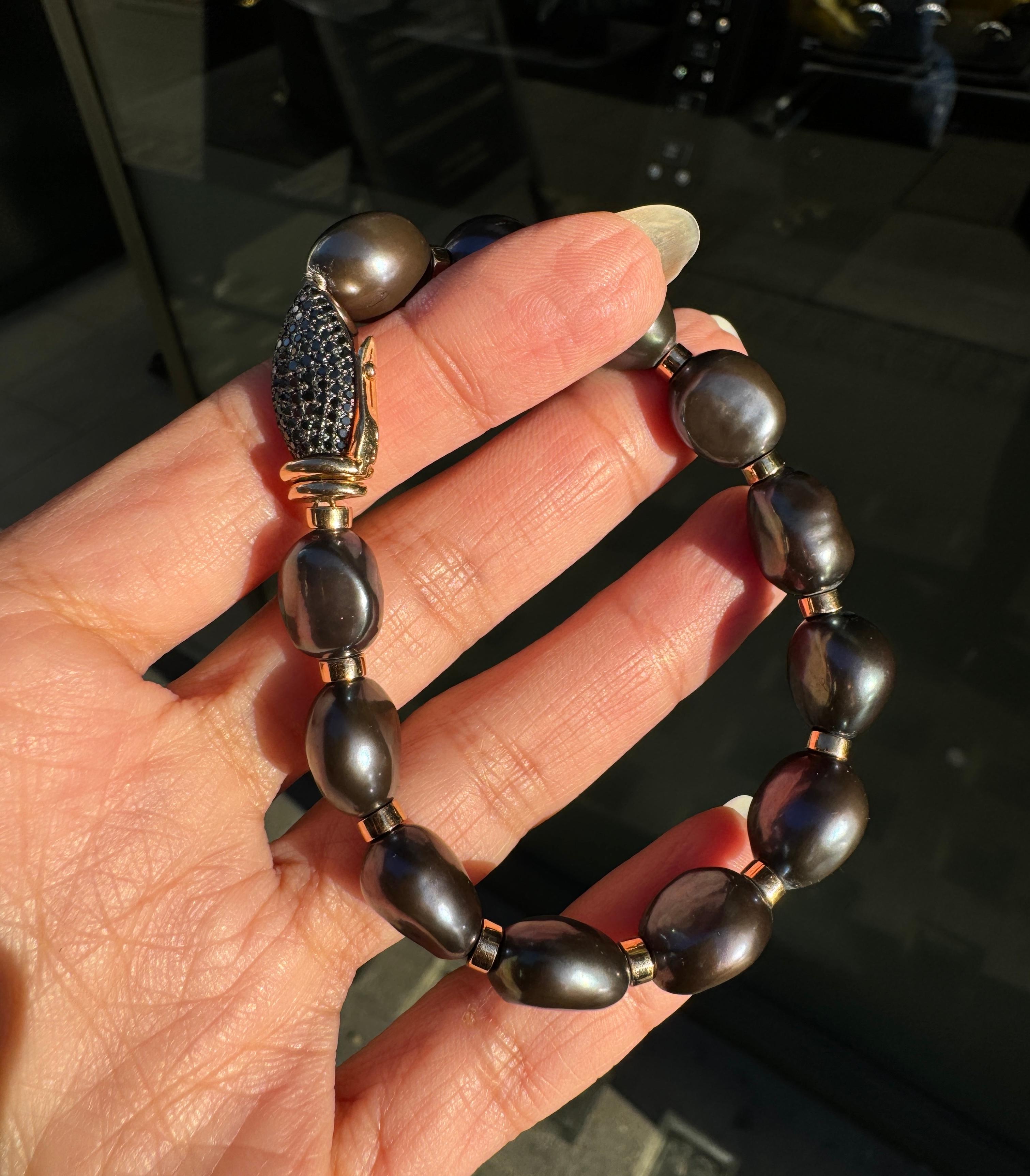 Modern Black Pearl Bracelet with 18 Carat Rose Gold and Black Diamond Clasp For Sale