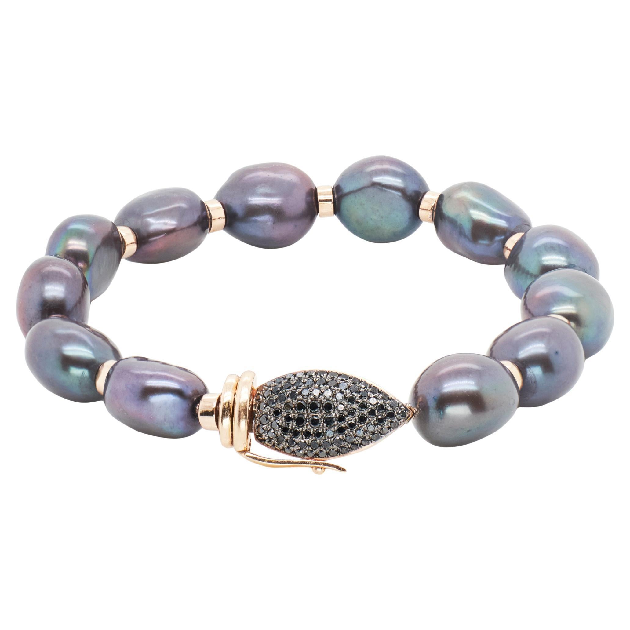 Black Pearl Bracelet with 18 Carat Rose Gold and Black Diamond Clasp For Sale