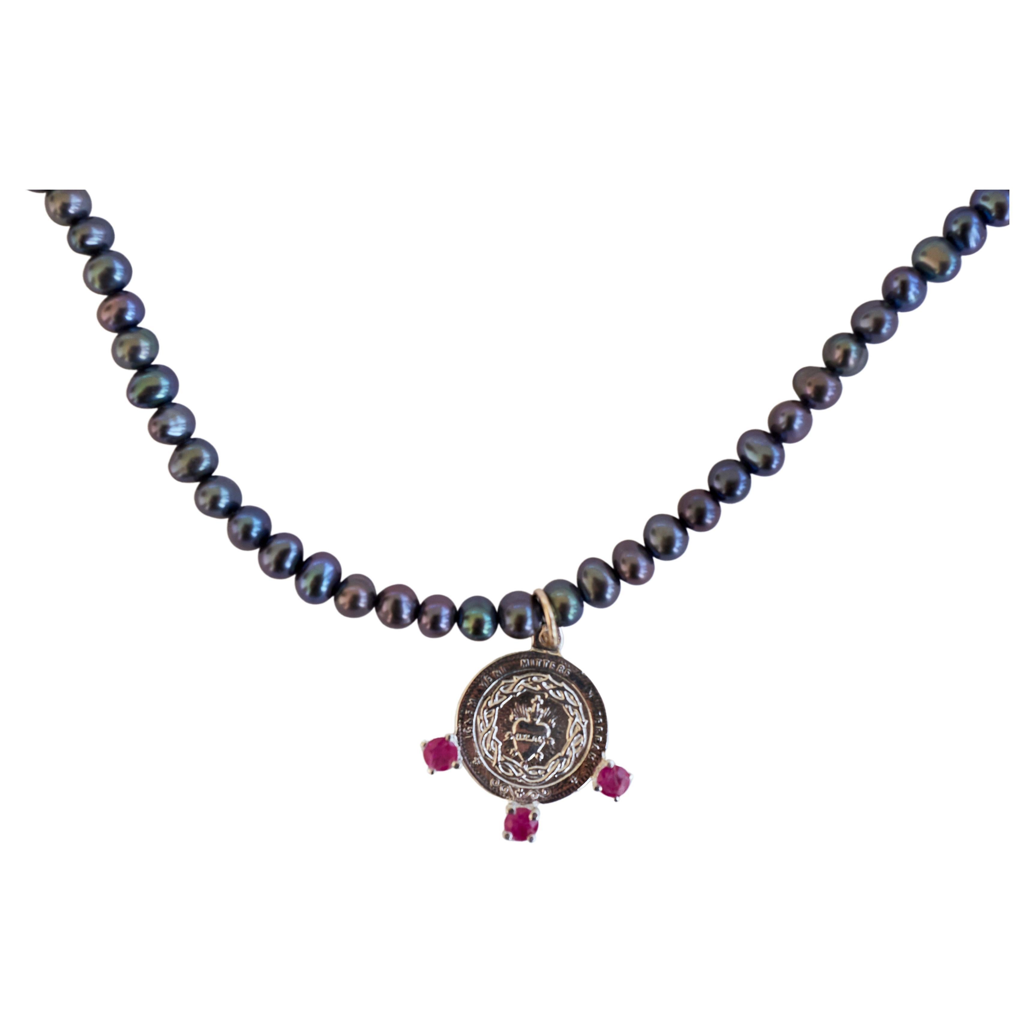 Black Pearl Chain Necklace Medal Sacred Heart Pink Tourmaline J Dauphin