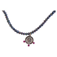 Black Pearl Chain Necklace Medal Sacred Heart Pink Tourmaline J Dauphin