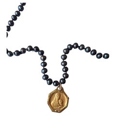 Black Pearl Choker Necklace Gold Medal