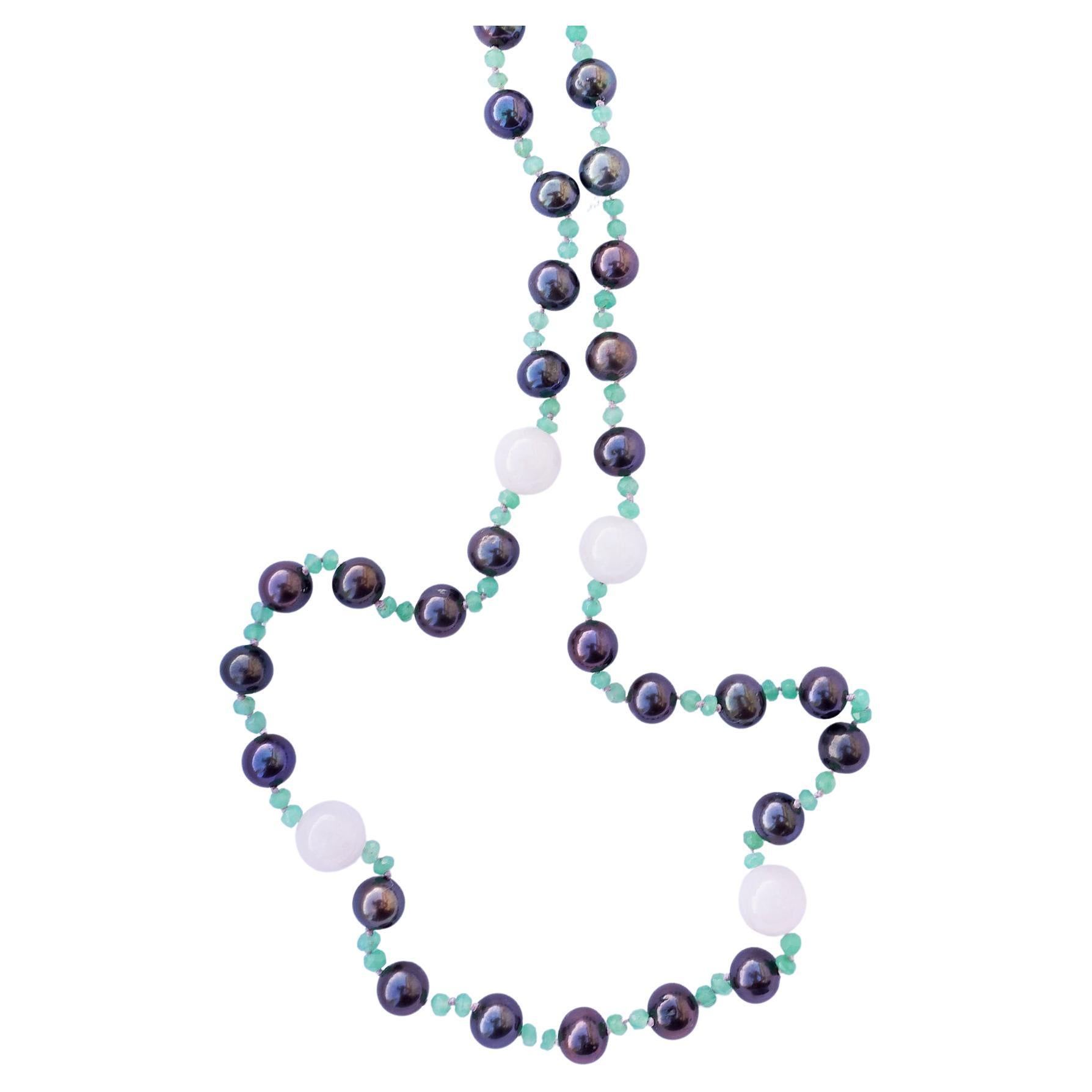Victorian Black Pearl Chrysoprase Quartz Bead Necklace J Dauphin For Sale