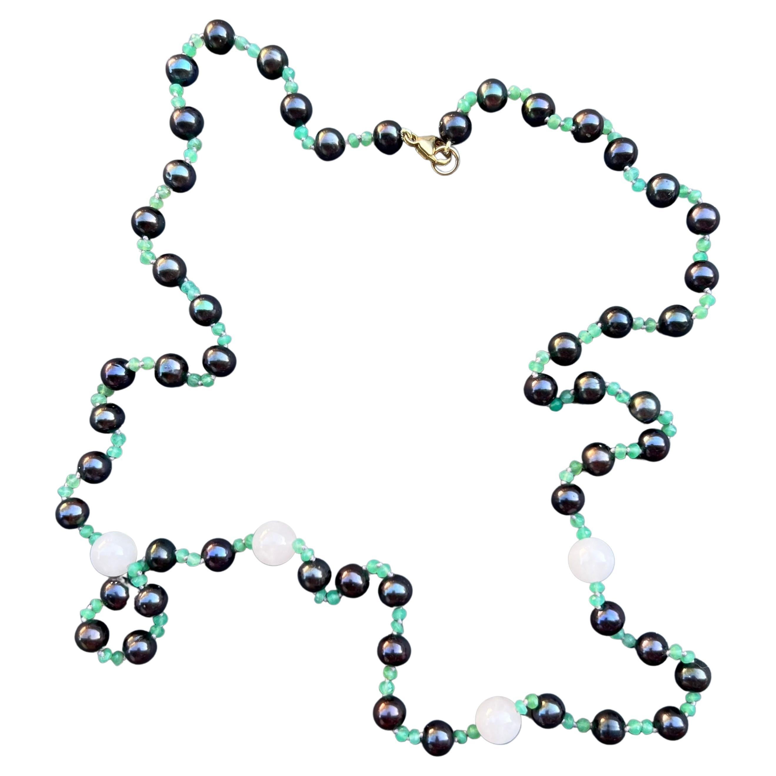 Schwarze Perlenkette mit schwarzer Perle Chrysopras Quarz Perlen J Dauphin