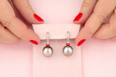 Black Pearl Diamond Coral Drop Earrings Hoop Design by Ella Gafter