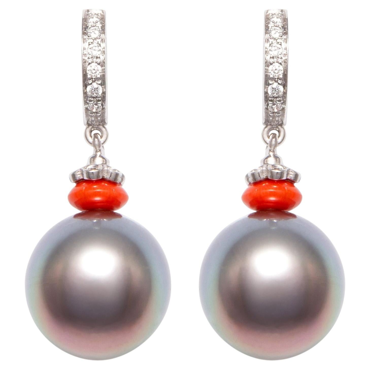 Black Pearl Diamond Coral Drop Earrings Hoop Design by Ella Gafter For Sale