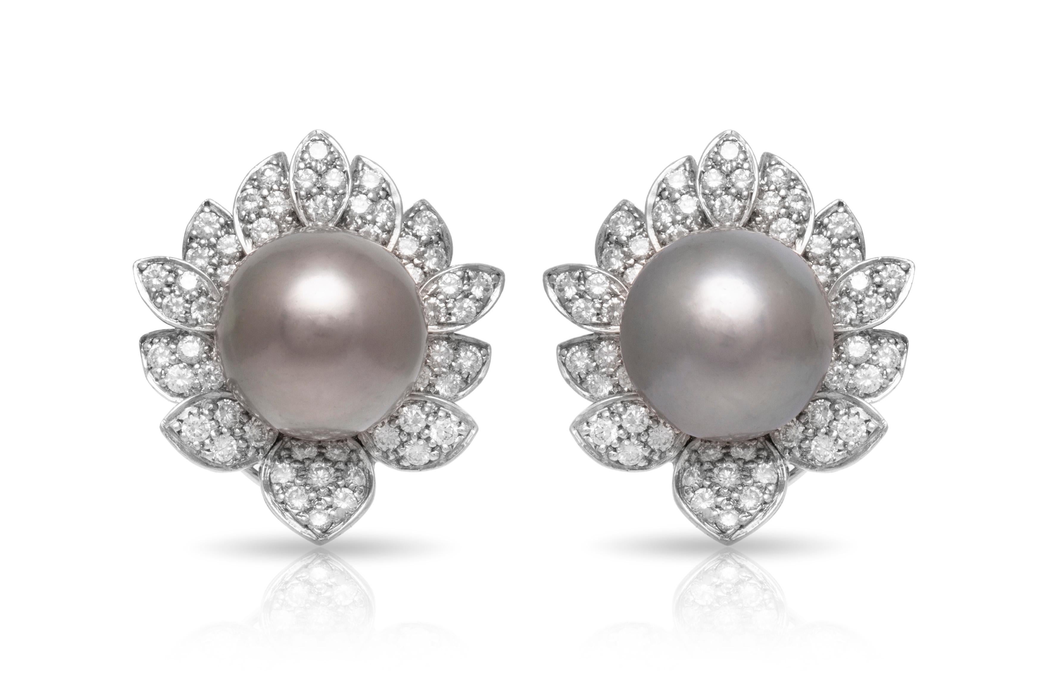 Black Pearl Diamond Flower Earrings 1