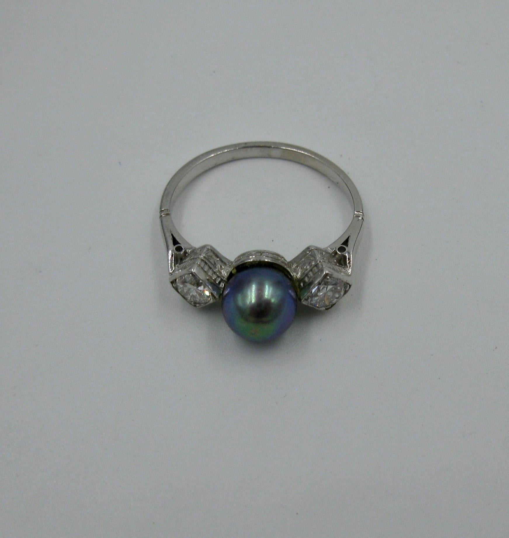 Black Pearl Diamond Platinum Ring Wedding Engagement Ring For Sale 1