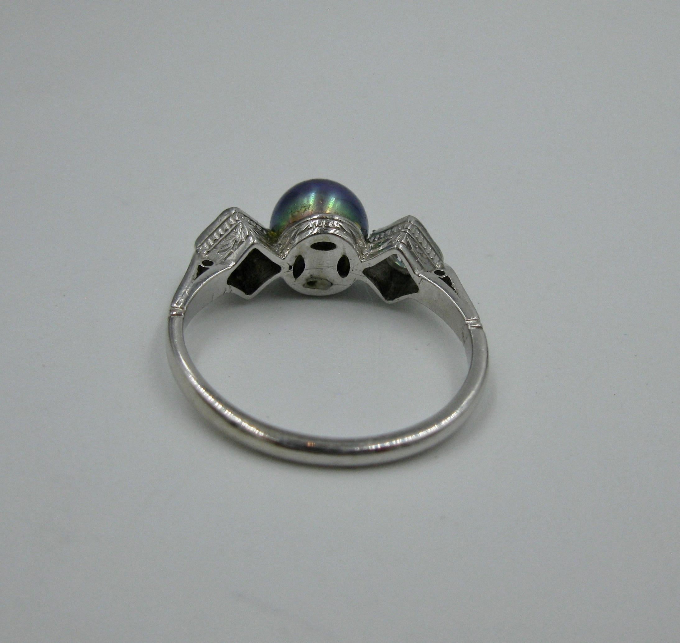 Black Pearl Diamond Platinum Ring Wedding Engagement Ring For Sale 2