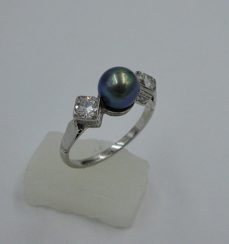 Black Pearl Diamond Platinum Ring Wedding Engagement Ring For Sale at