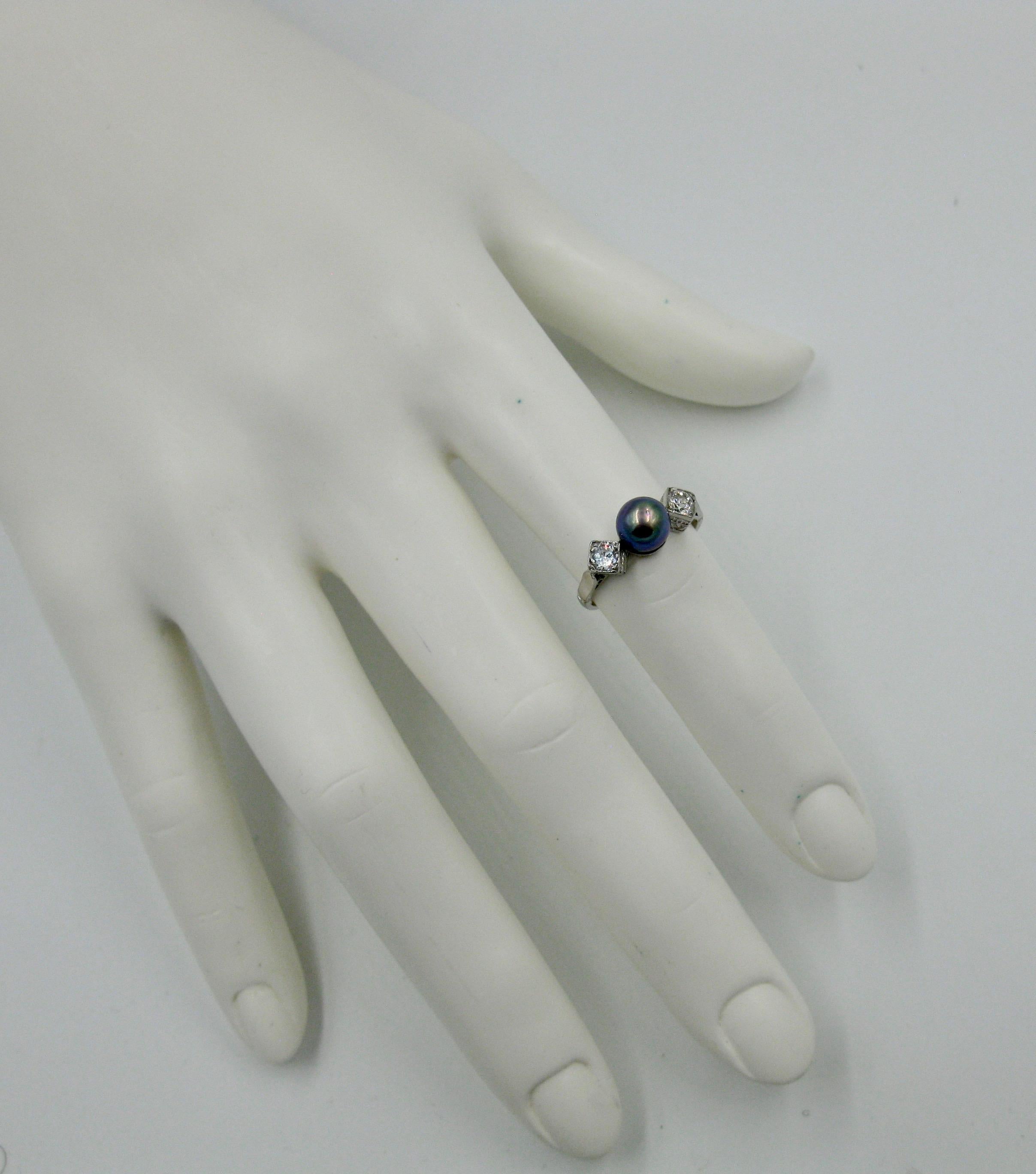 Women's Black Pearl Diamond Platinum Ring Wedding Engagement Ring For Sale