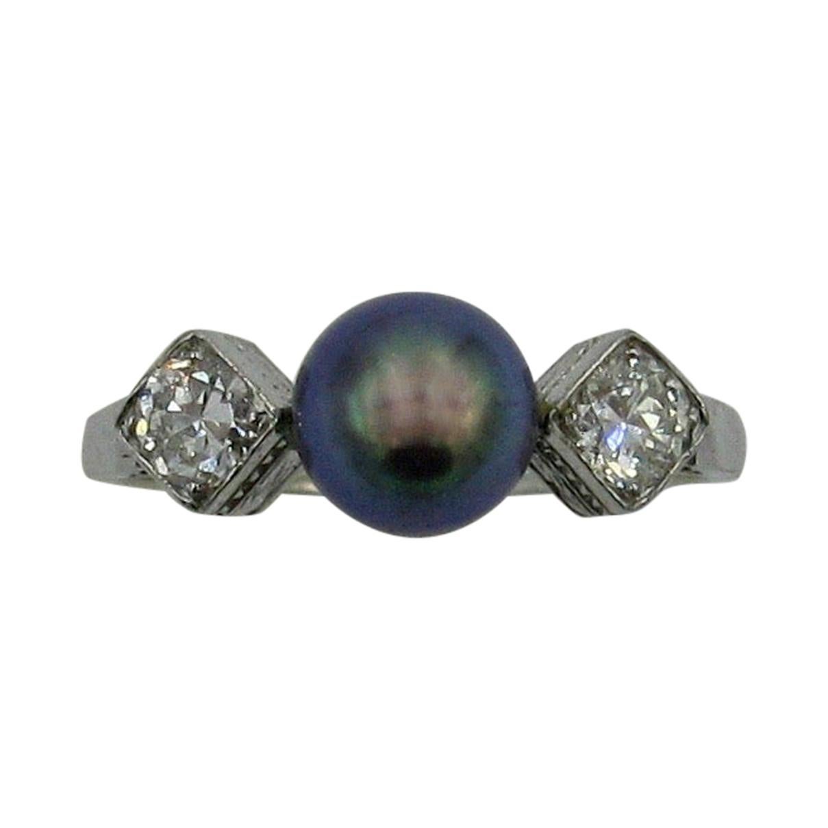 Black Pearl Diamond Platinum Ring Wedding Engagement Ring For Sale