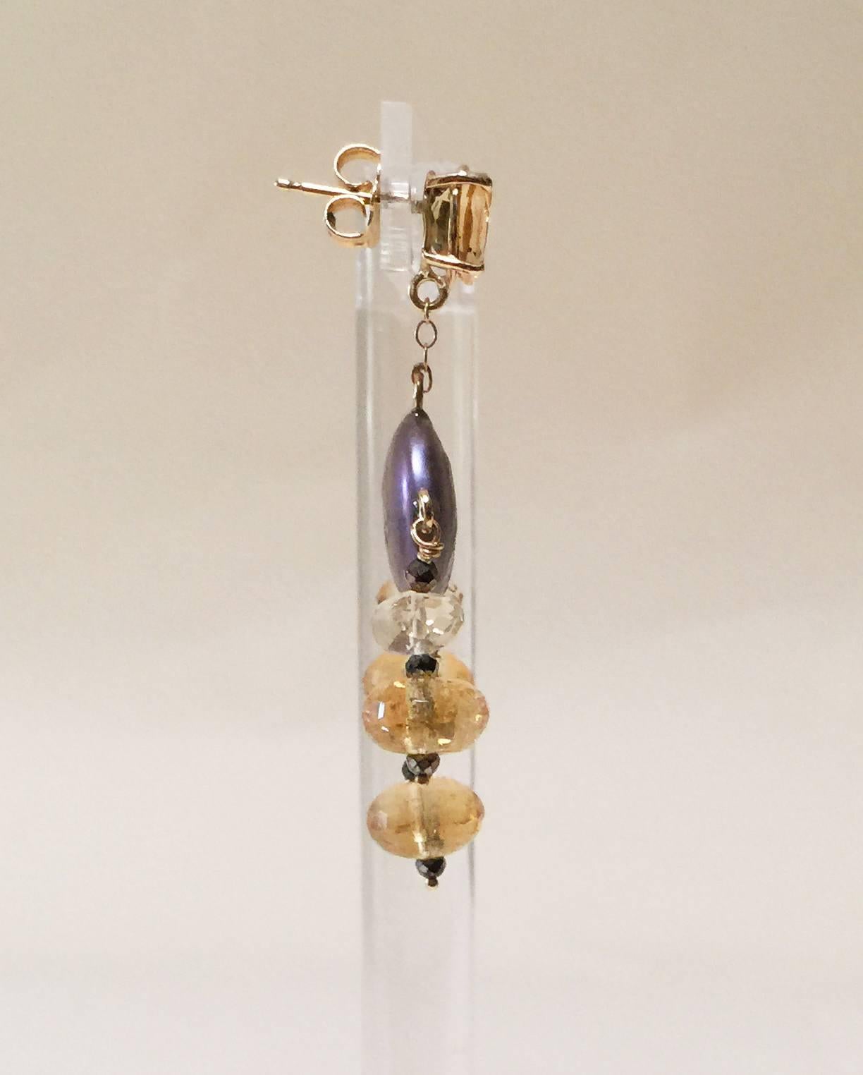 Artist Marina J. Black Pearl Earrings with Spinel and Citrine with 14K Yellow Gold 
