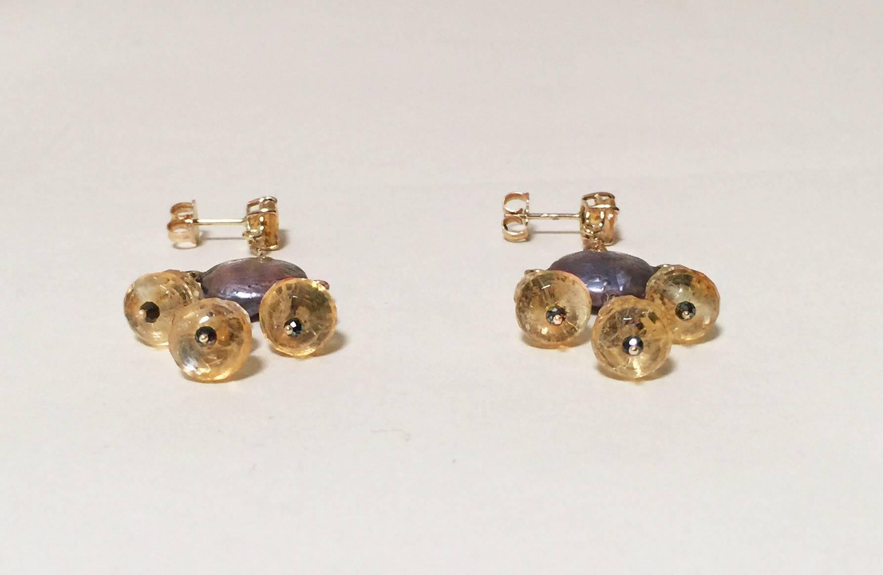 Bead Marina J. Black Pearl Earrings with Spinel and Citrine with 14K Yellow Gold 