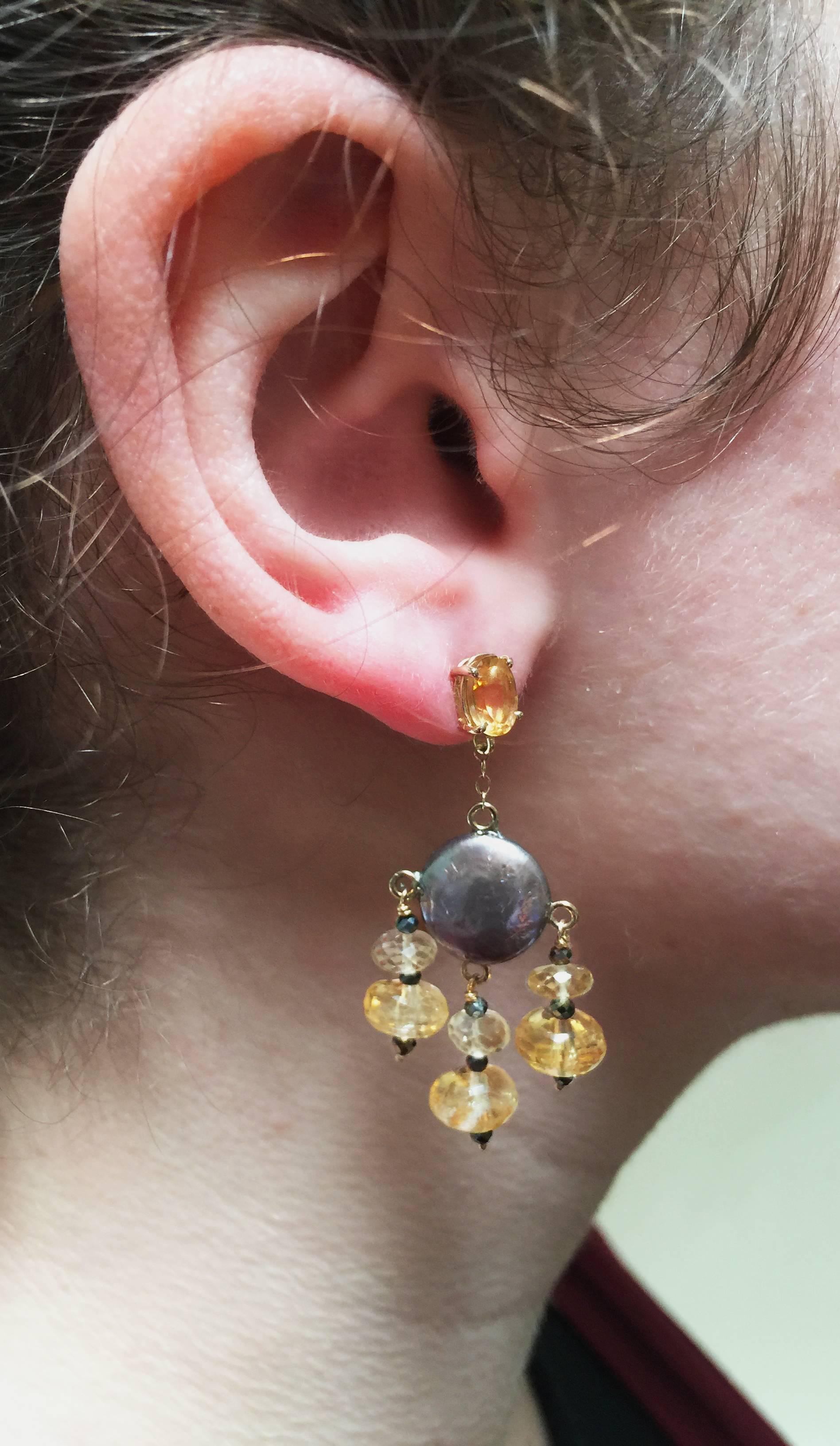 Marina J. Black Pearl Earrings with Spinel and Citrine with 14K Yellow Gold  In New Condition In Los Angeles, CA