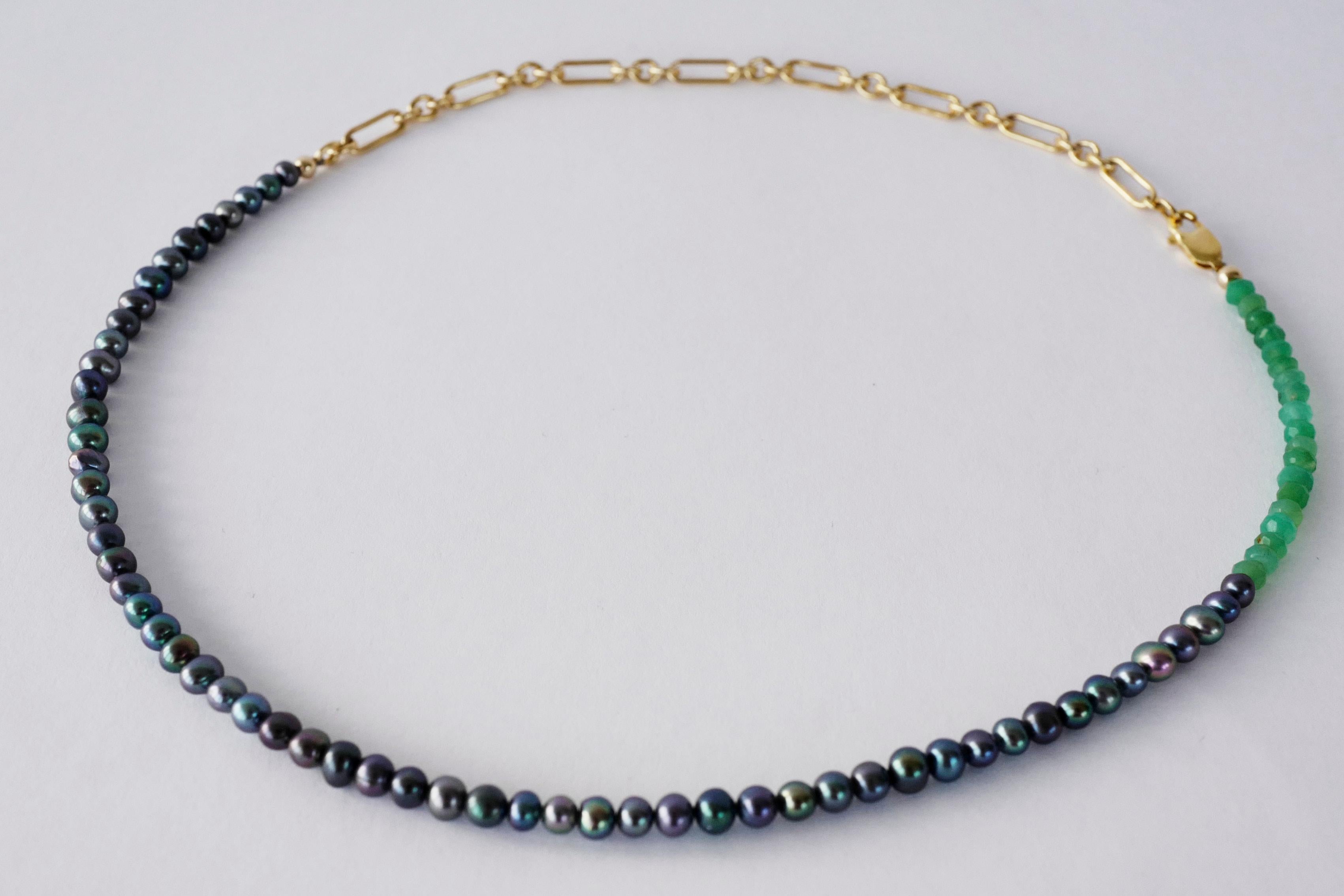Schwarze Perle  Perlen-Choker-Halskette Grüner Chrysopras Gold gefüllt Kette J Dauphin im Zustand „Neu“ im Angebot in Los Angeles, CA