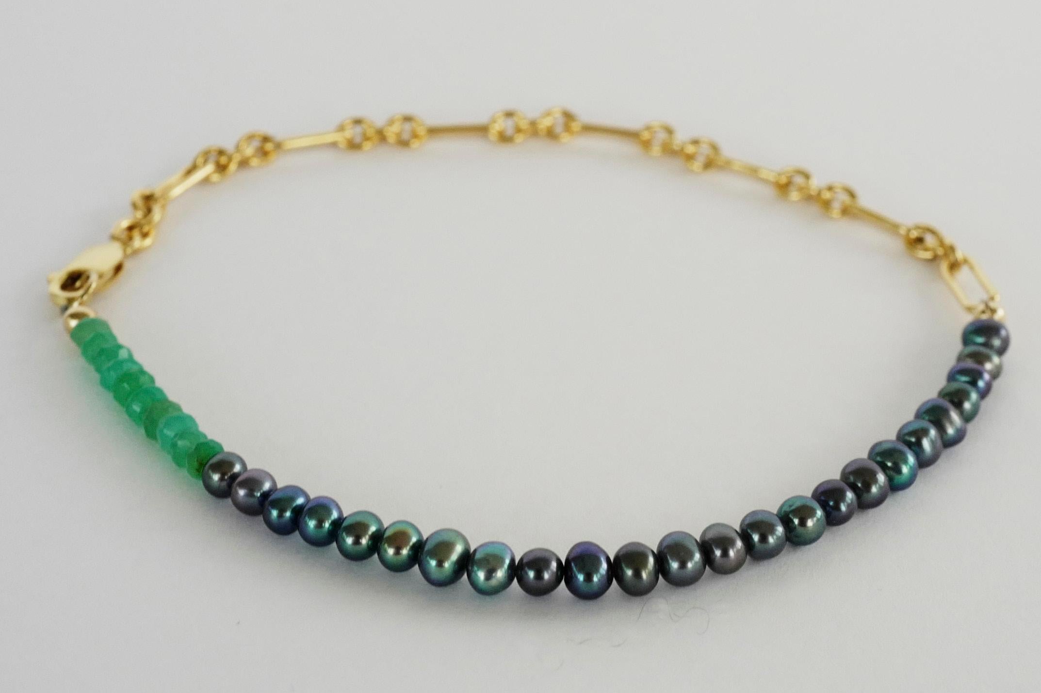Choker-Halskette, schwarze Perle, grüner Chrysopras, Gold, gefüllt, Kette, Perlen J Dauphin Damen im Angebot