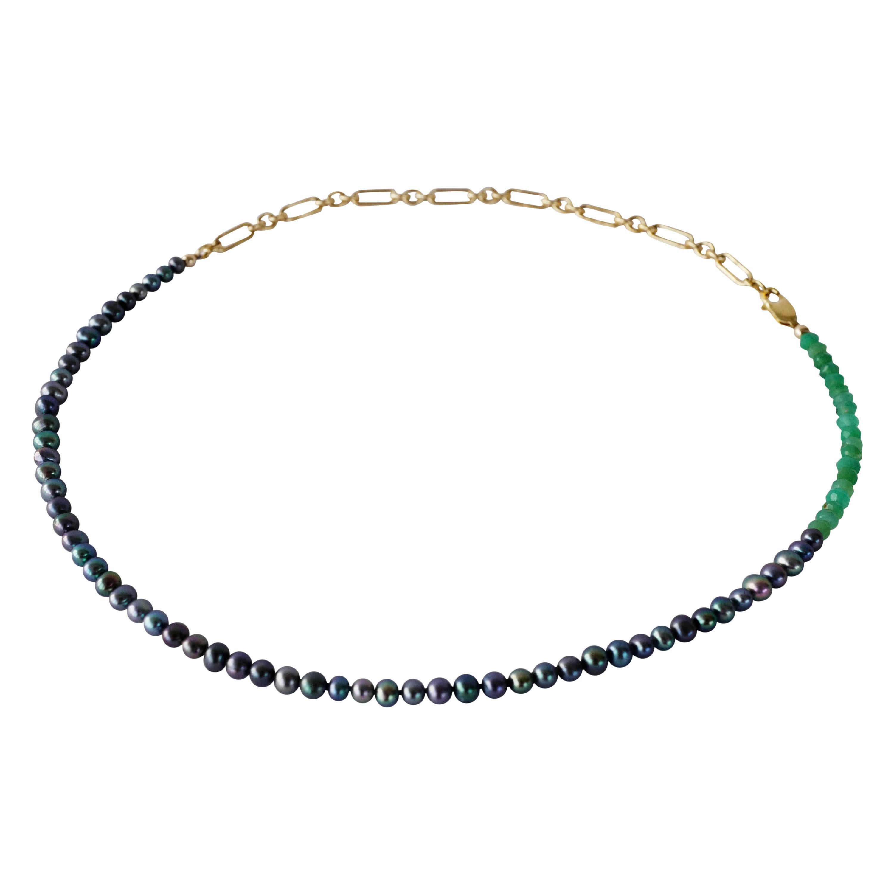 Black Pearl  Bead Choker Necklace Green Chrysoprase Gold Filled Chain J Dauphin