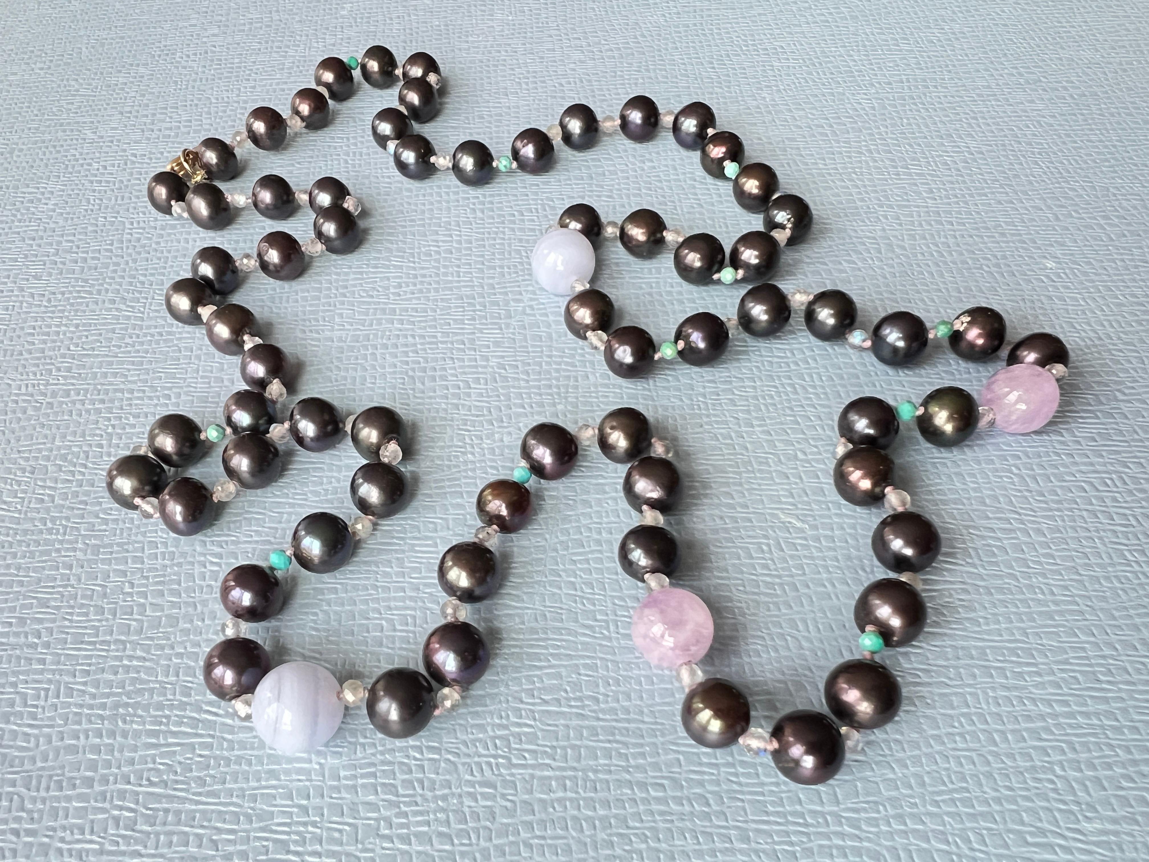 Black Pearl Grey Labradorite Turquoise Amethyst Long Bead Necklace For Sale 4