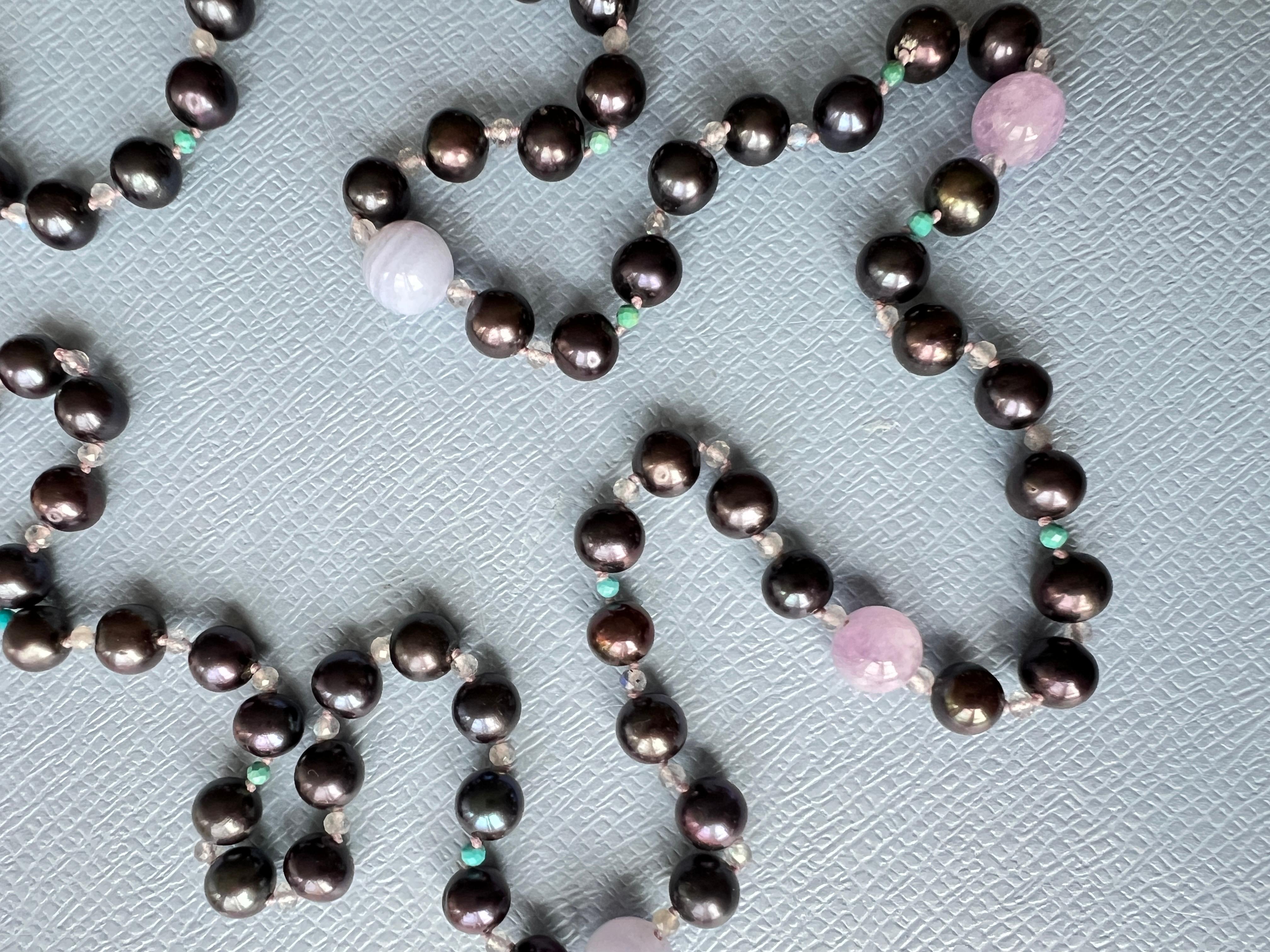 Black Pearl Grey Labradorite Turquoise Amethyst Long Bead Necklace For Sale 5