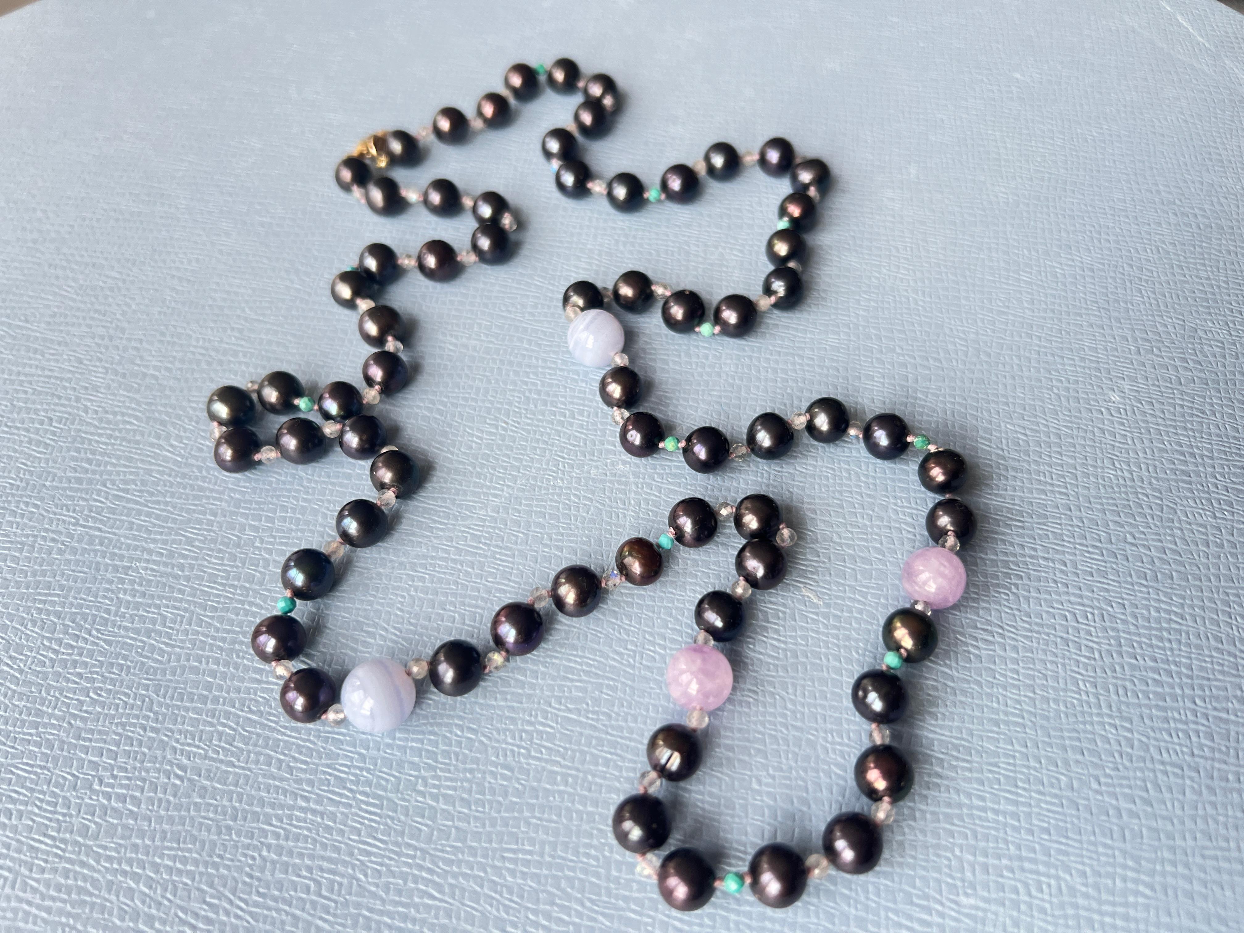 Sweet Water Black Pearl, Grey Labradorite,  Turquoise Amethyst and Lilac Beads
This is a Long Bead Necklace with a Gold Filled Clasp

Designer: J DAUPHIN 

Made in Los Angeles

Available for immediate delivery 