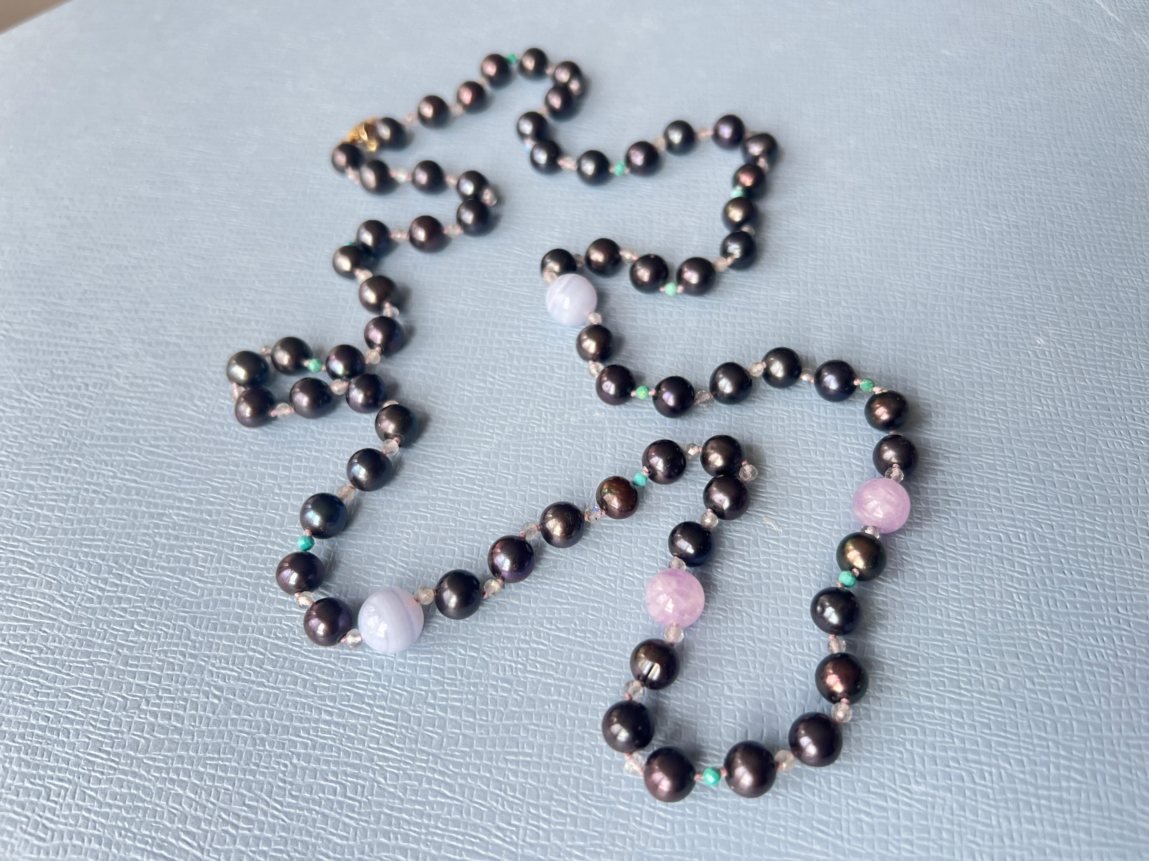 Art Deco Black Pearl Grey Labradorite Turquoise Amethyst Long Bead Necklace For Sale