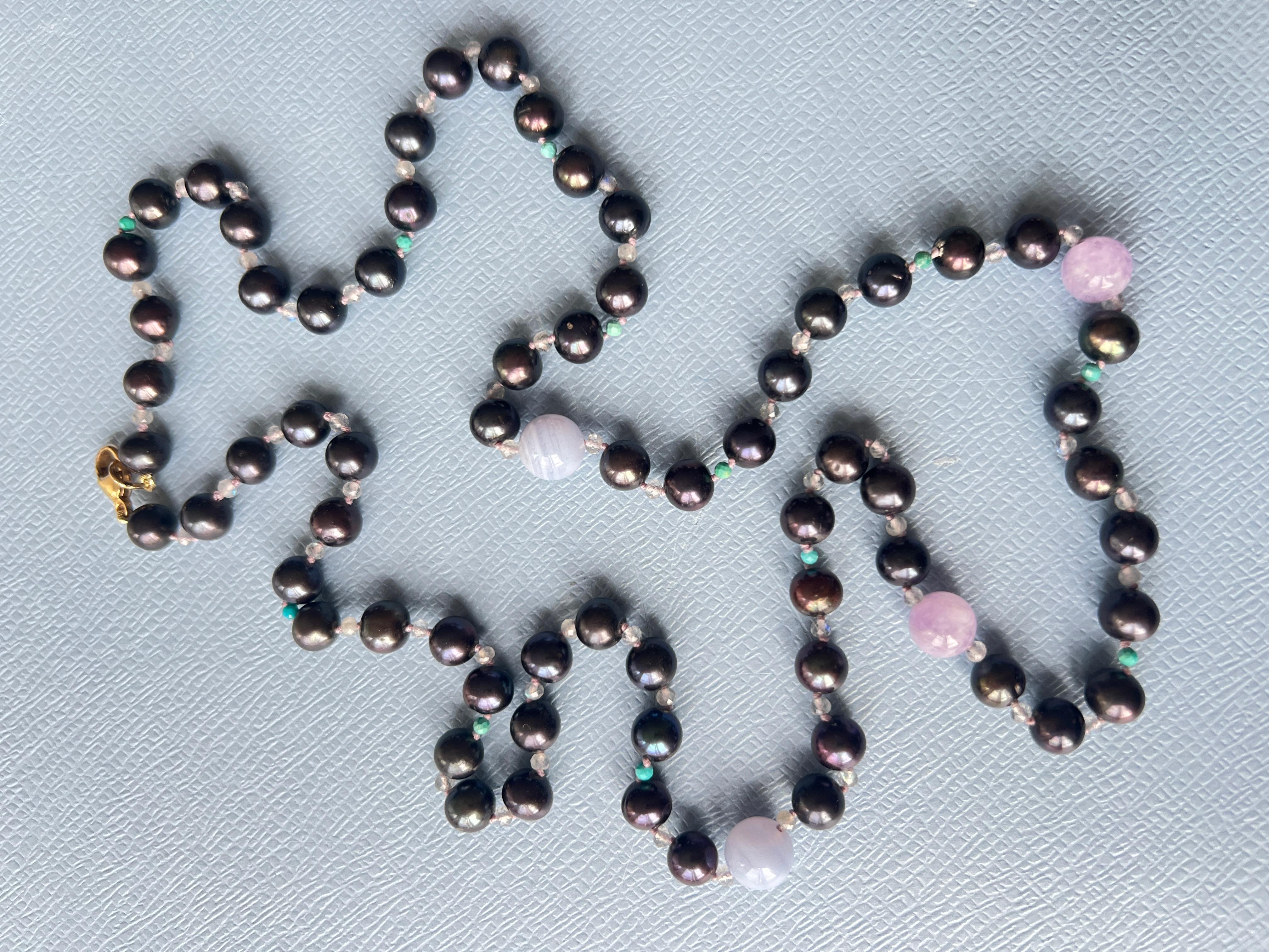 Round Cut Black Pearl Grey Labradorite Turquoise Amethyst Long Bead Necklace For Sale