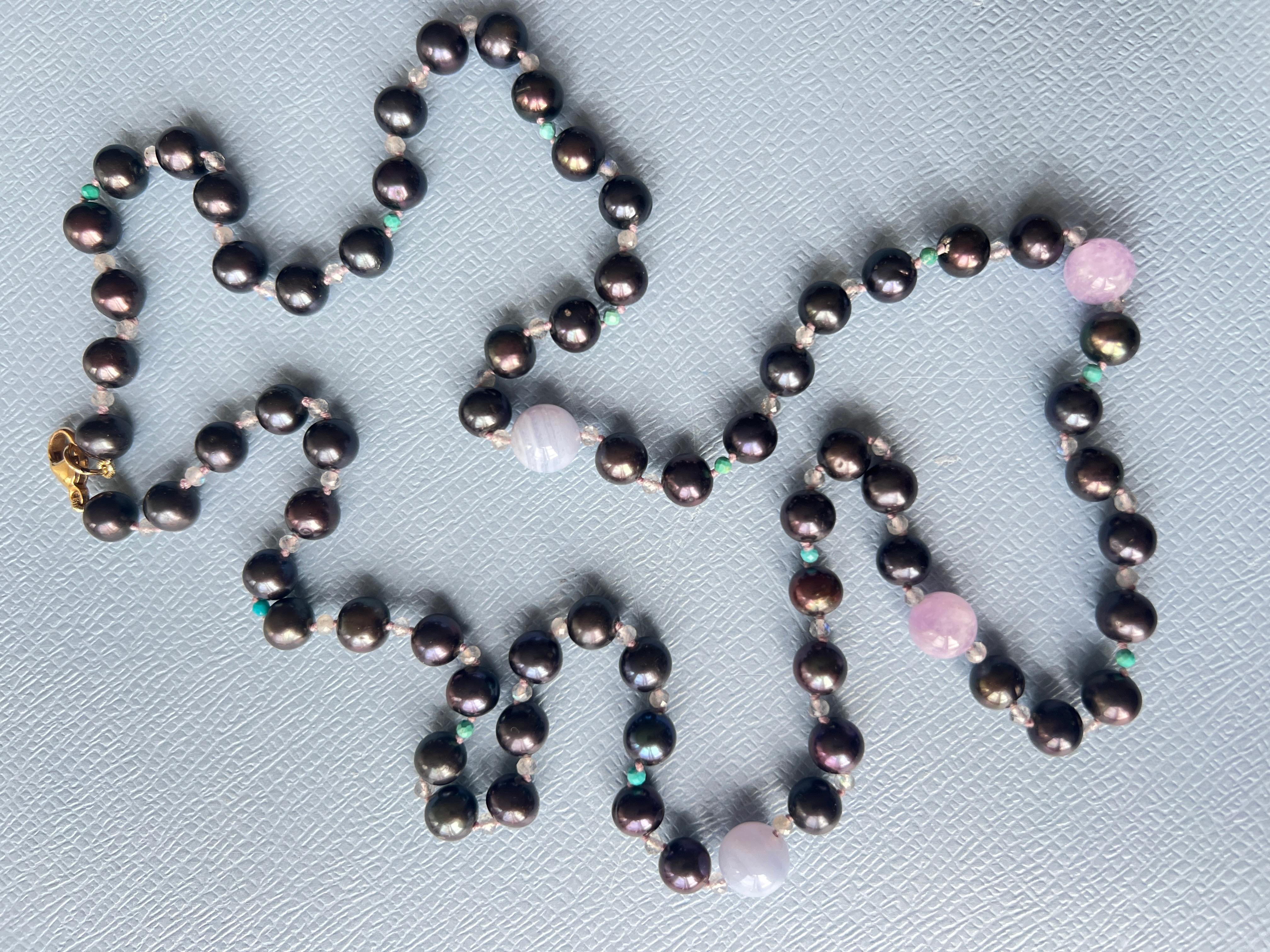 Black Pearl Grey Labradorite Turquoise Amethyst Long Bead Necklace In New Condition For Sale In Los Angeles, CA
