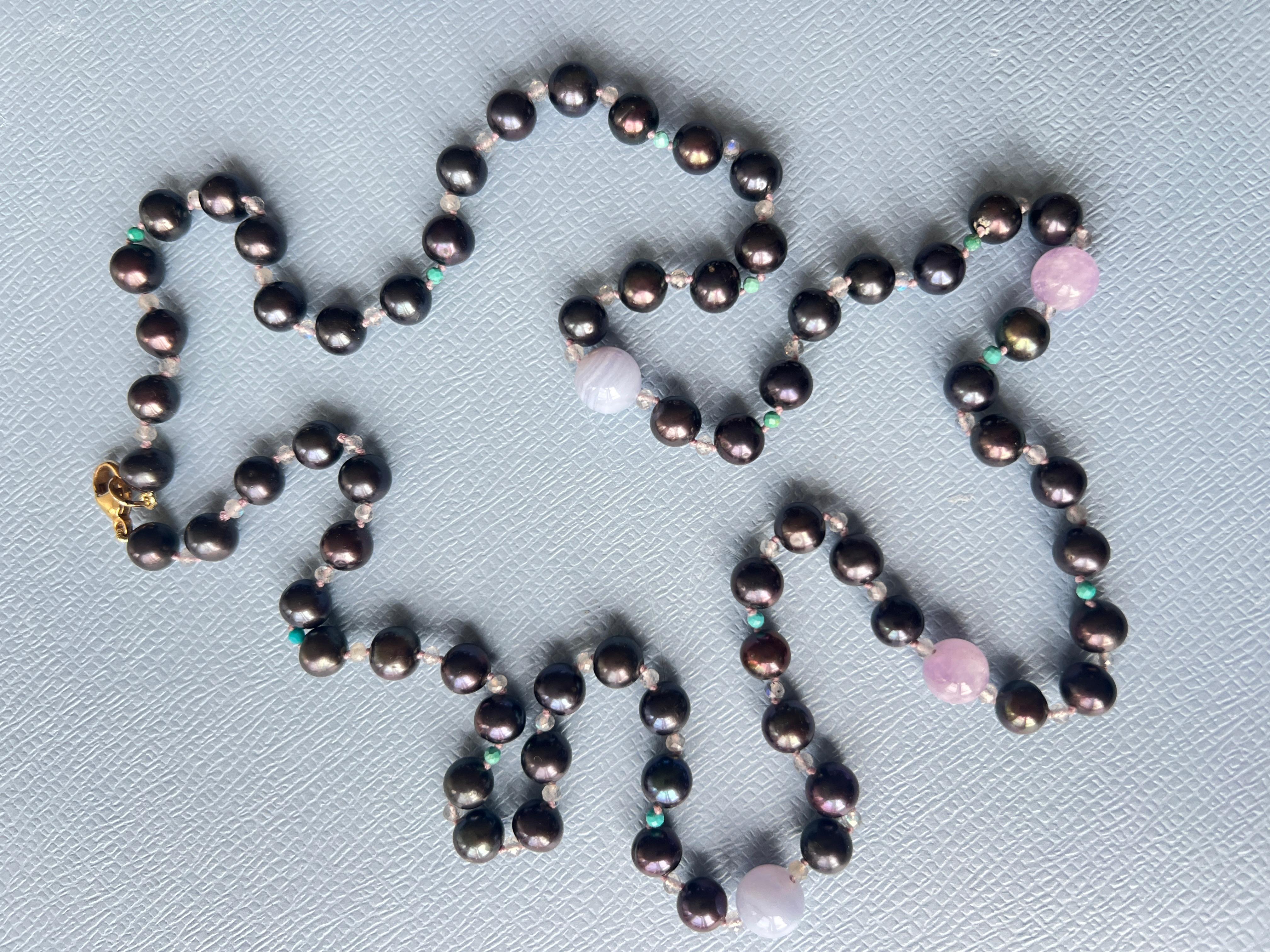Women's Black Pearl Grey Labradorite Turquoise Amethyst Long Bead Necklace For Sale