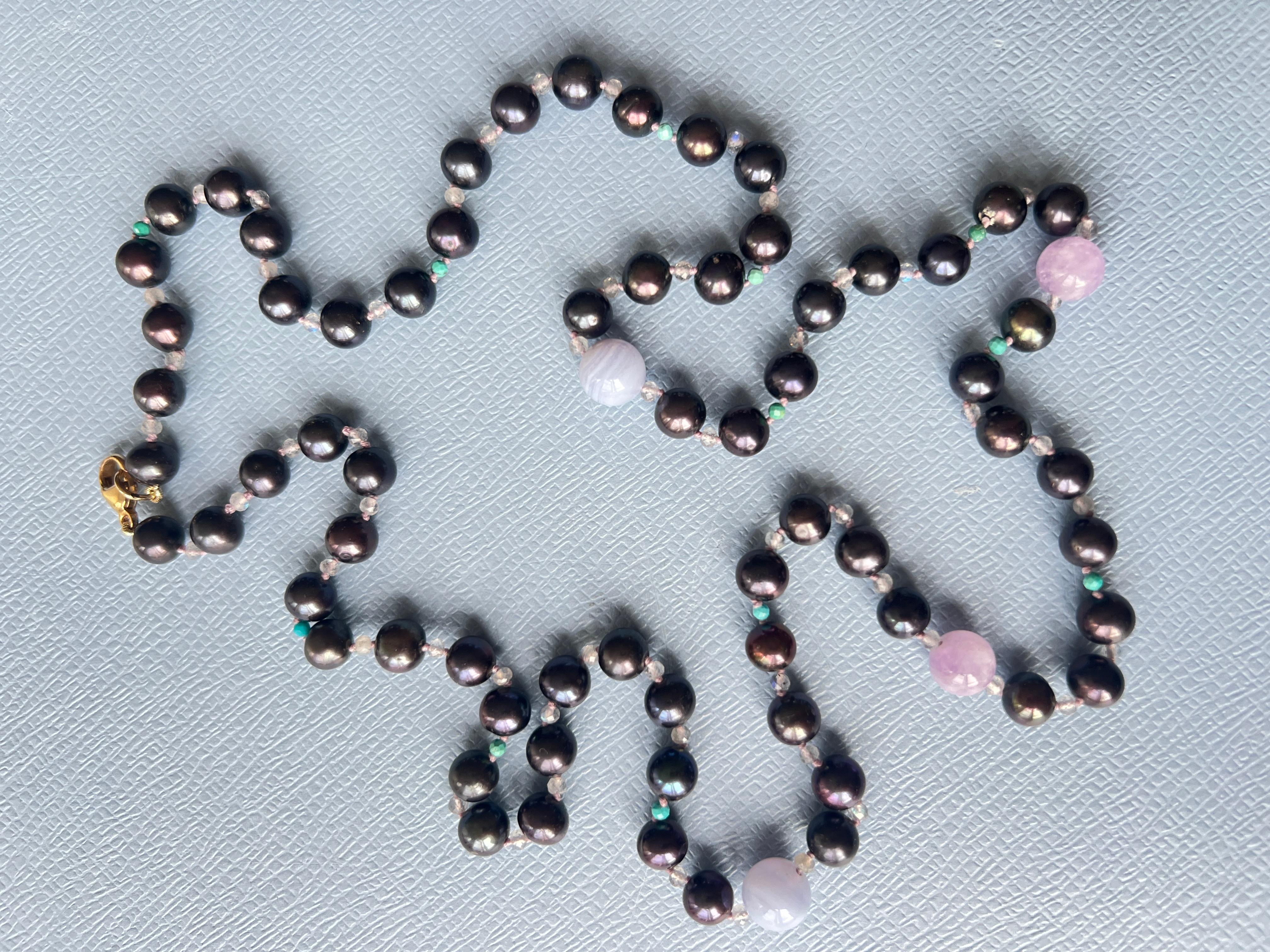 Black Pearl Grey Labradorite Turquoise Amethyst Long Bead Necklace For Sale 1
