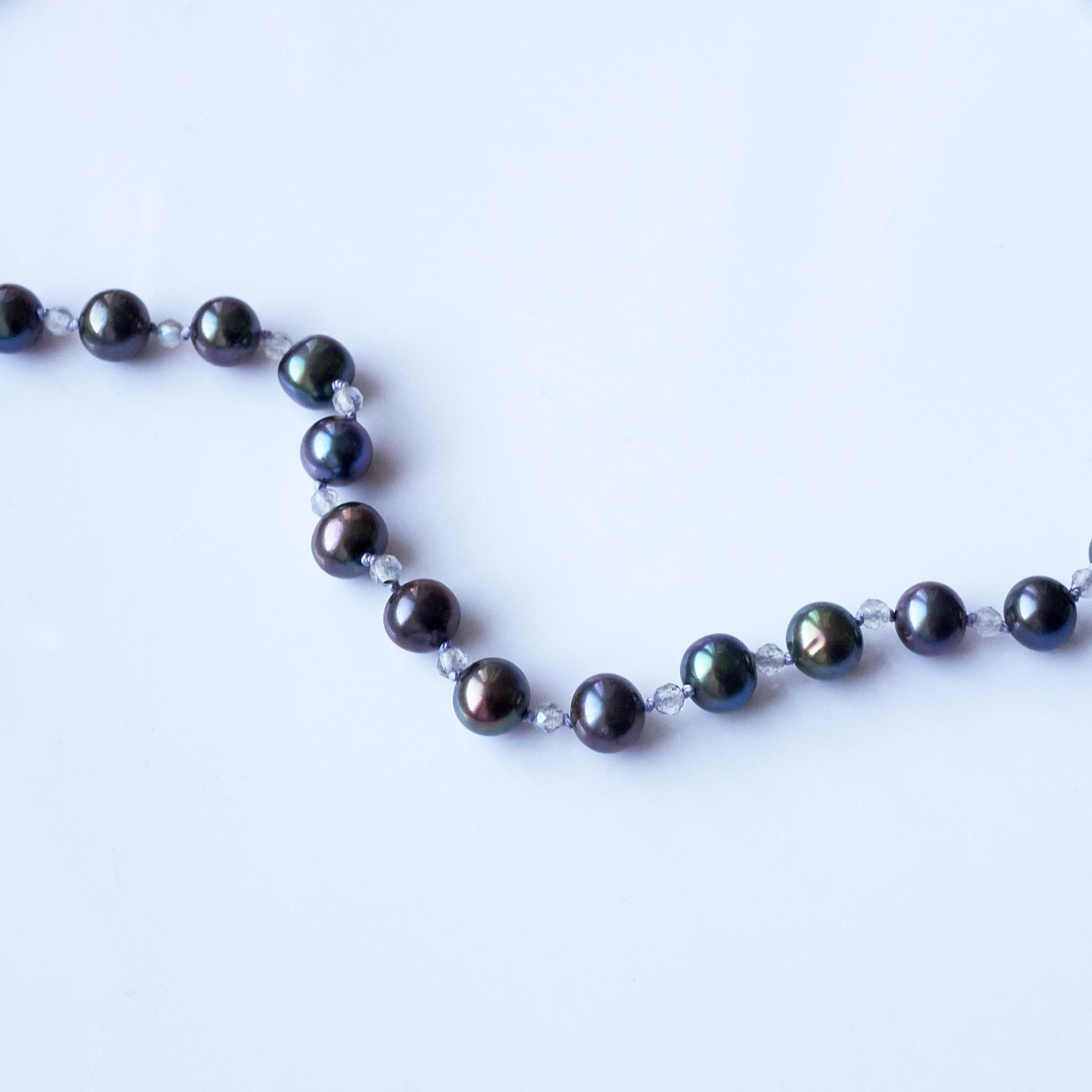 Victorian Black Pearl Labradorite Beaded Necklace Lilac Silk Thread J Dauphin For Sale