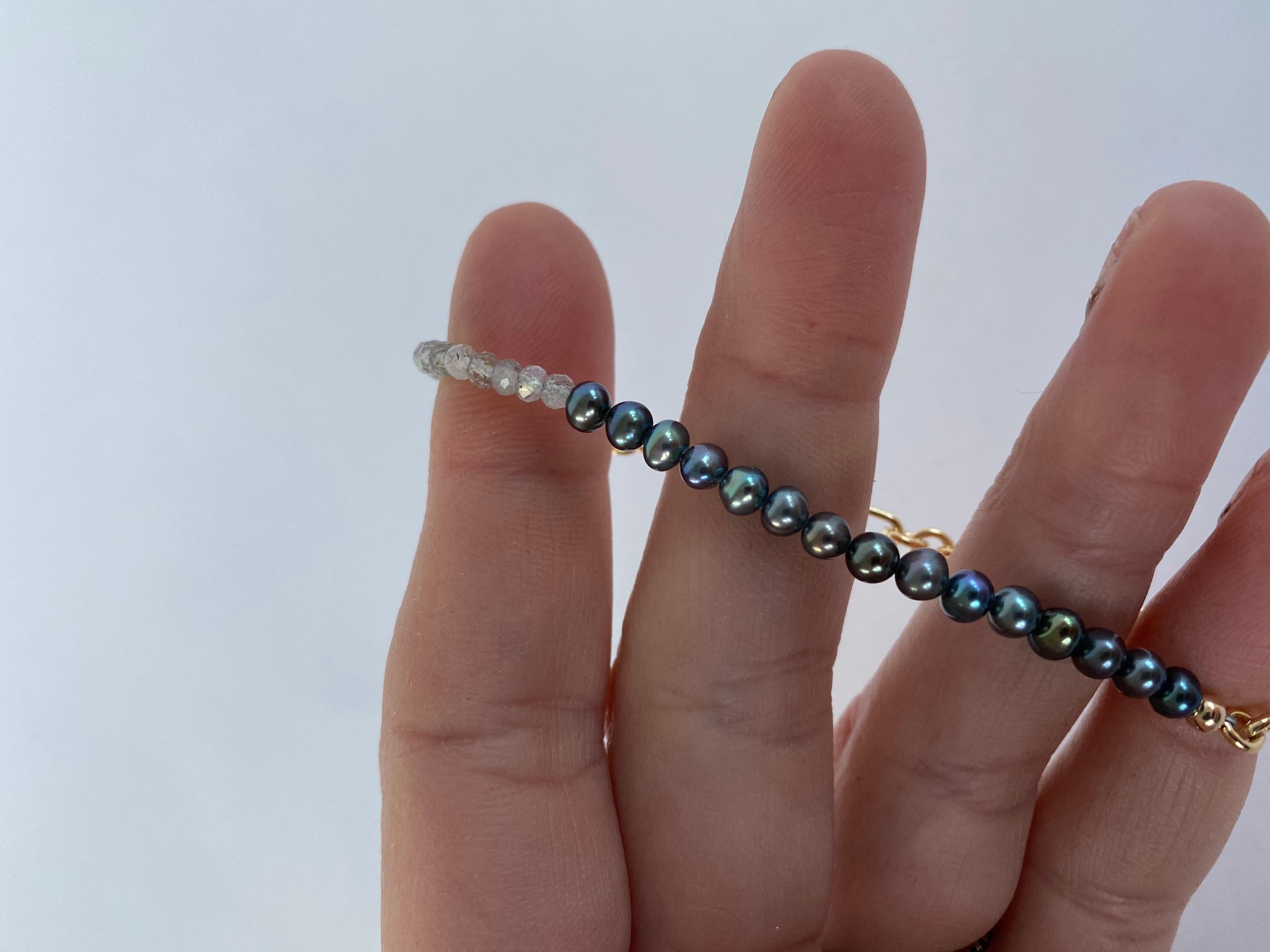 Romantic Black Pearl Bracelet Labradorite Gold Filled Chain J Dauphin For Sale