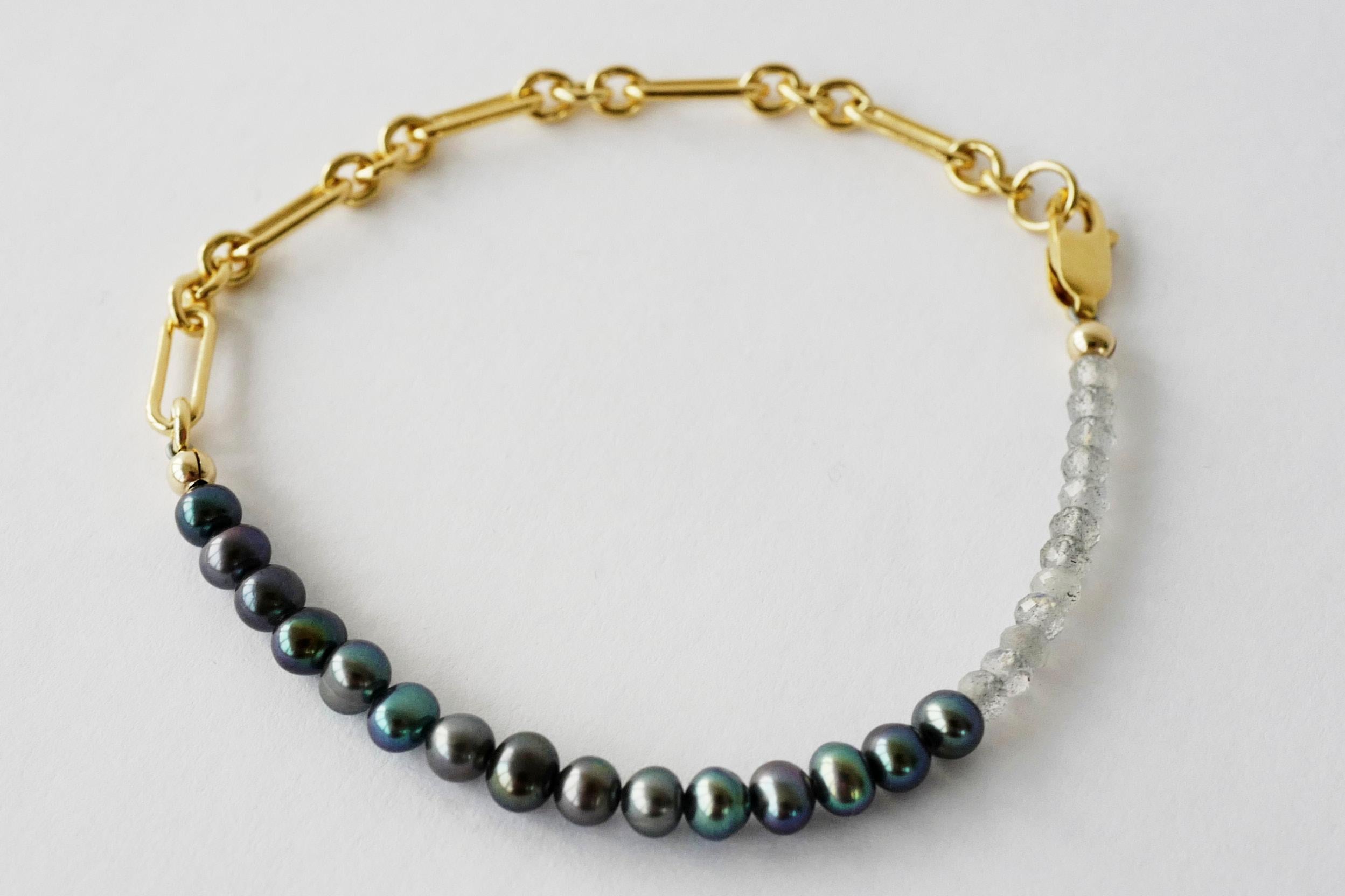 Women's Black Pearl Bracelet Labradorite Gold Filled Chain J Dauphin For Sale