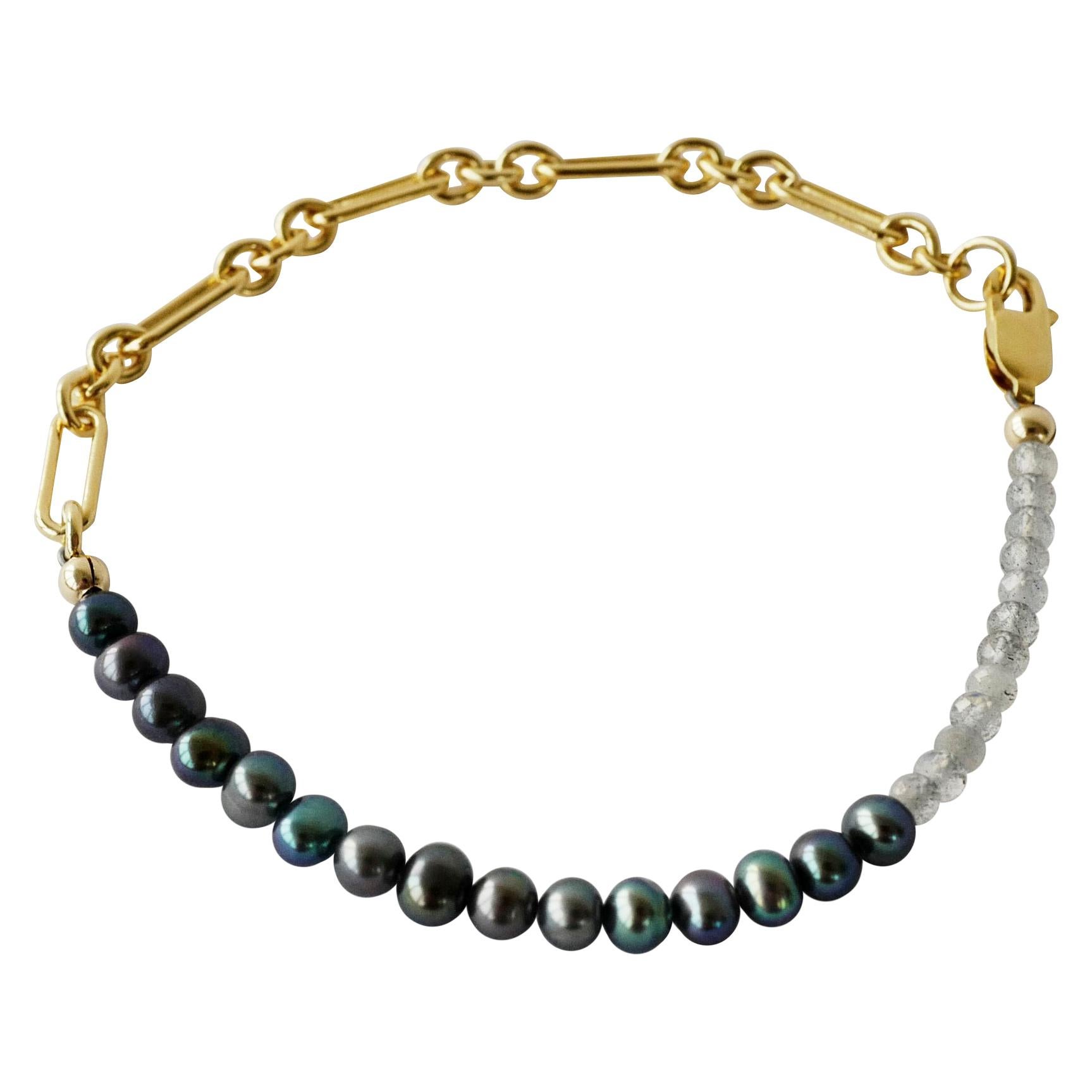 Black Pearl Bracelet Labradorite Gold Filled Chain J Dauphin For Sale